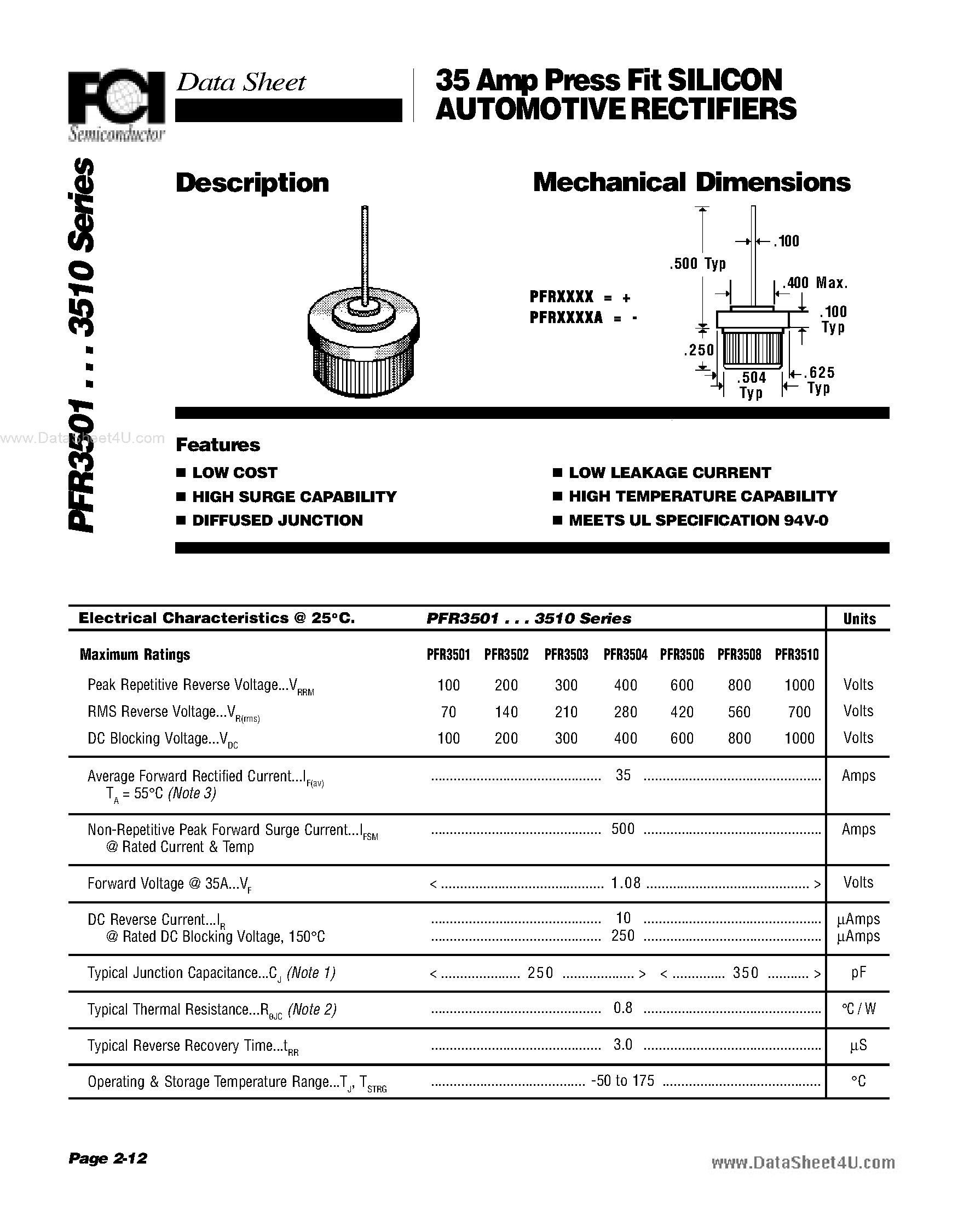Datasheet PFR3501 page 1 Datasheet PFR3501 - (PFR3501 - PFR3510) 35 Amp Press Fit SILICON AUTOMOTIVE RECTIFIERS page 1