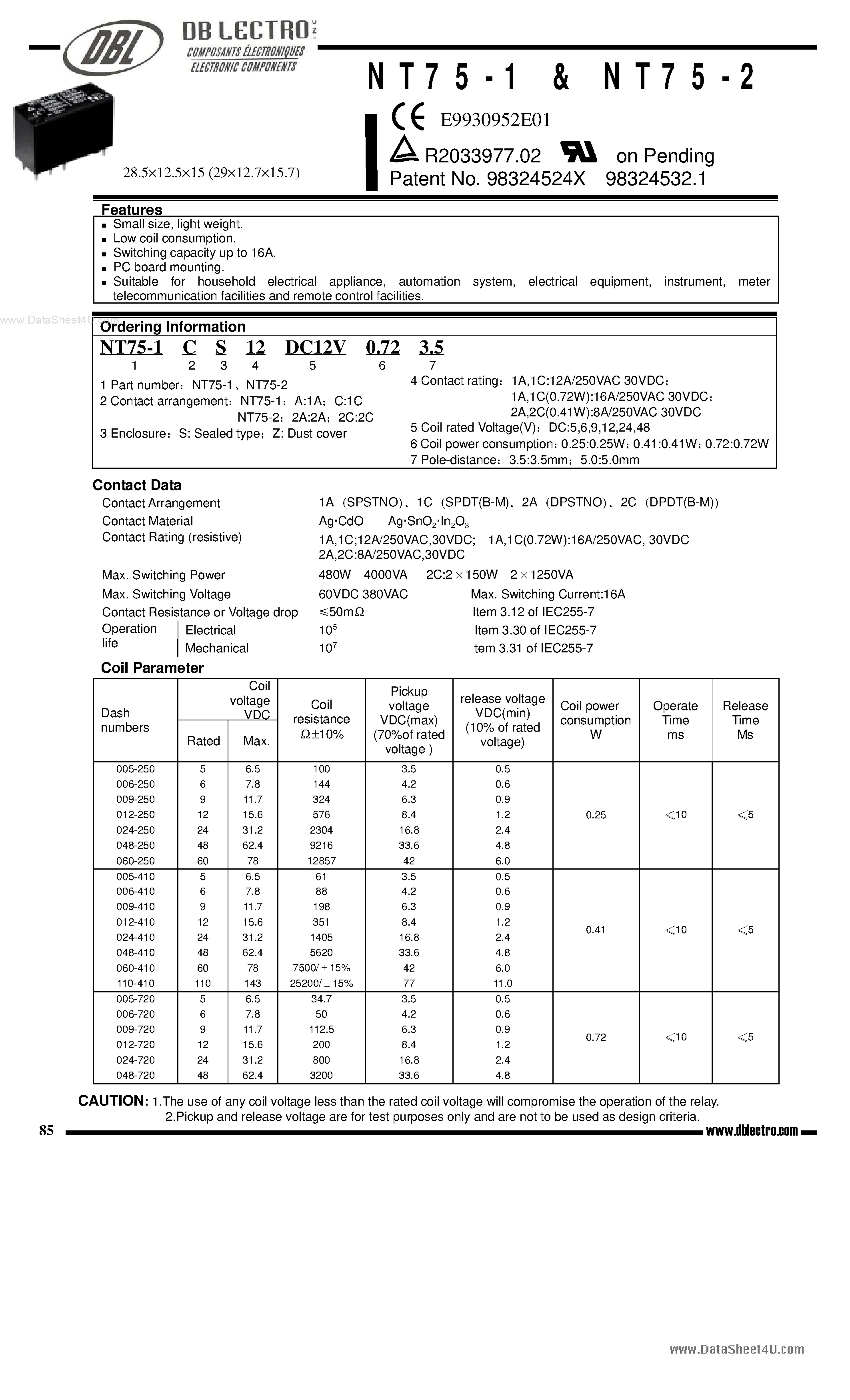 Datasheet NT75-1 - (NT75-1 / NT75-2) Low coil consumption page 1