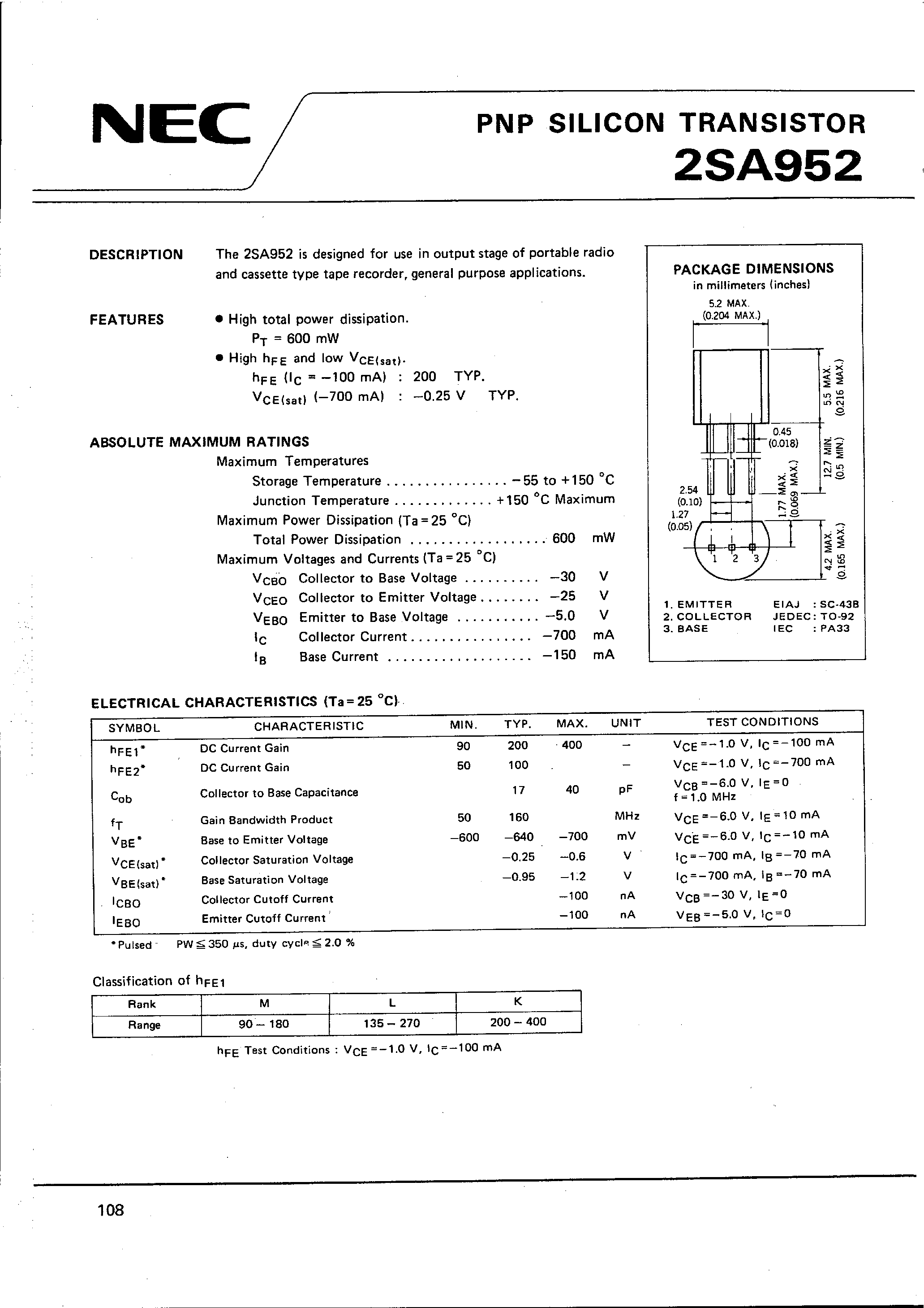 Datasheet 2SA952 - PNP SILICON TRANSISTOR page 1