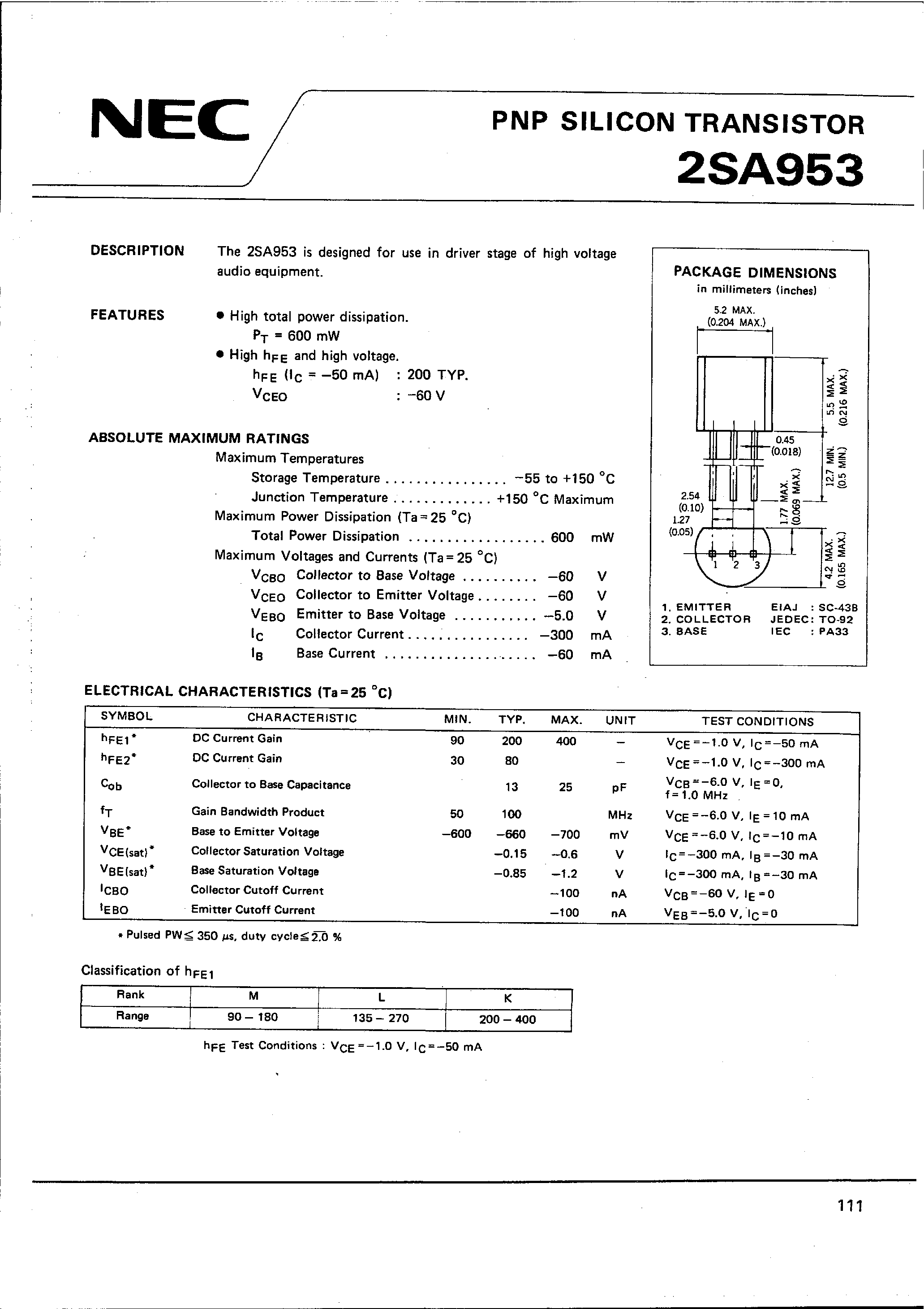 Datasheet 2SA953 page 1 Datasheet 2SA953 - PNP SILICON TRANSISTOR page 1