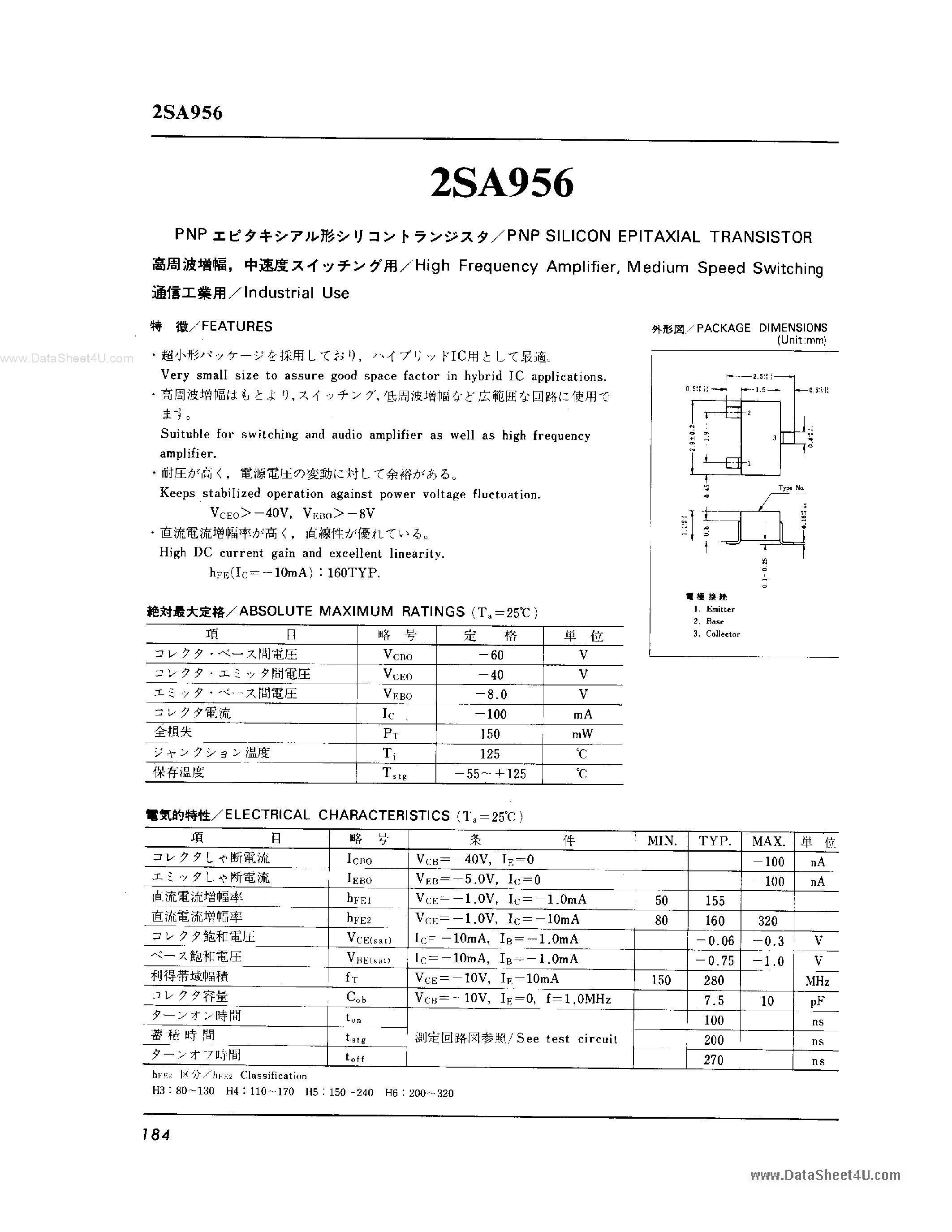 Datasheet 2SA956 - PNP SILICON EPITAXIAL TRANSISTOR page 1