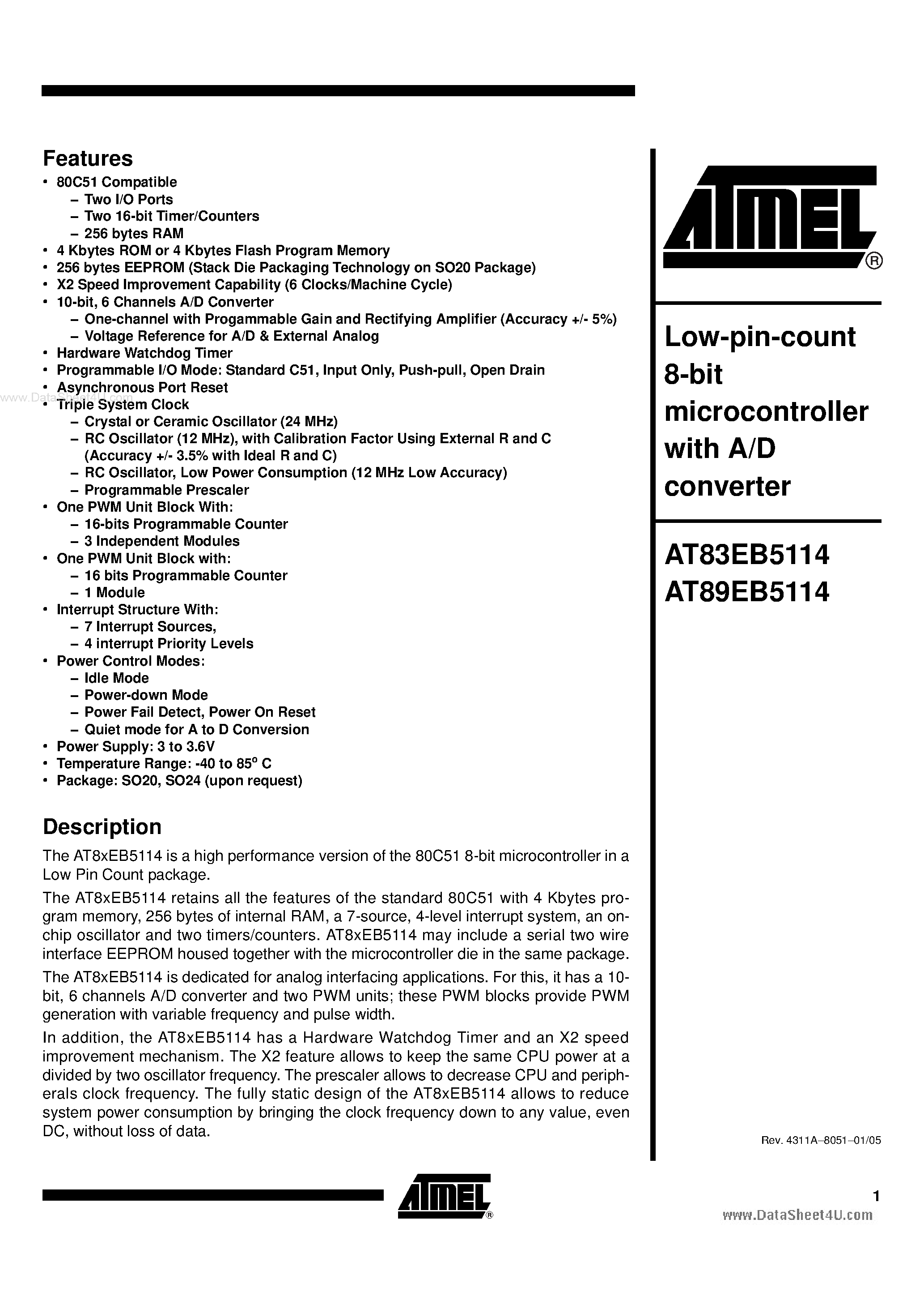 Datasheet AT83EB5114 - (AT83EB5114 / AT89EB5114) Low-pin-count 8-bit microcontroller page 1