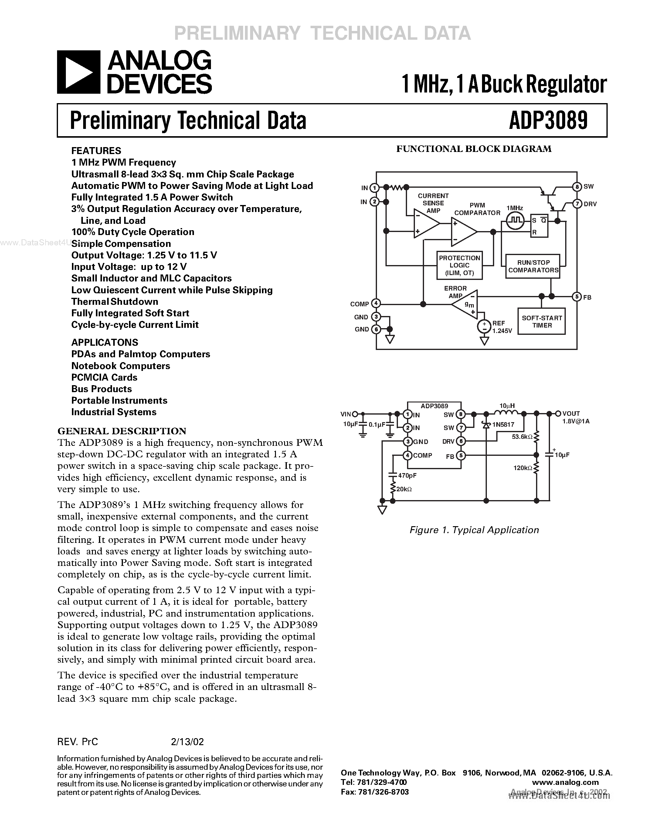 Datasheet ADP3089 - 1A Buck Regulator page 1