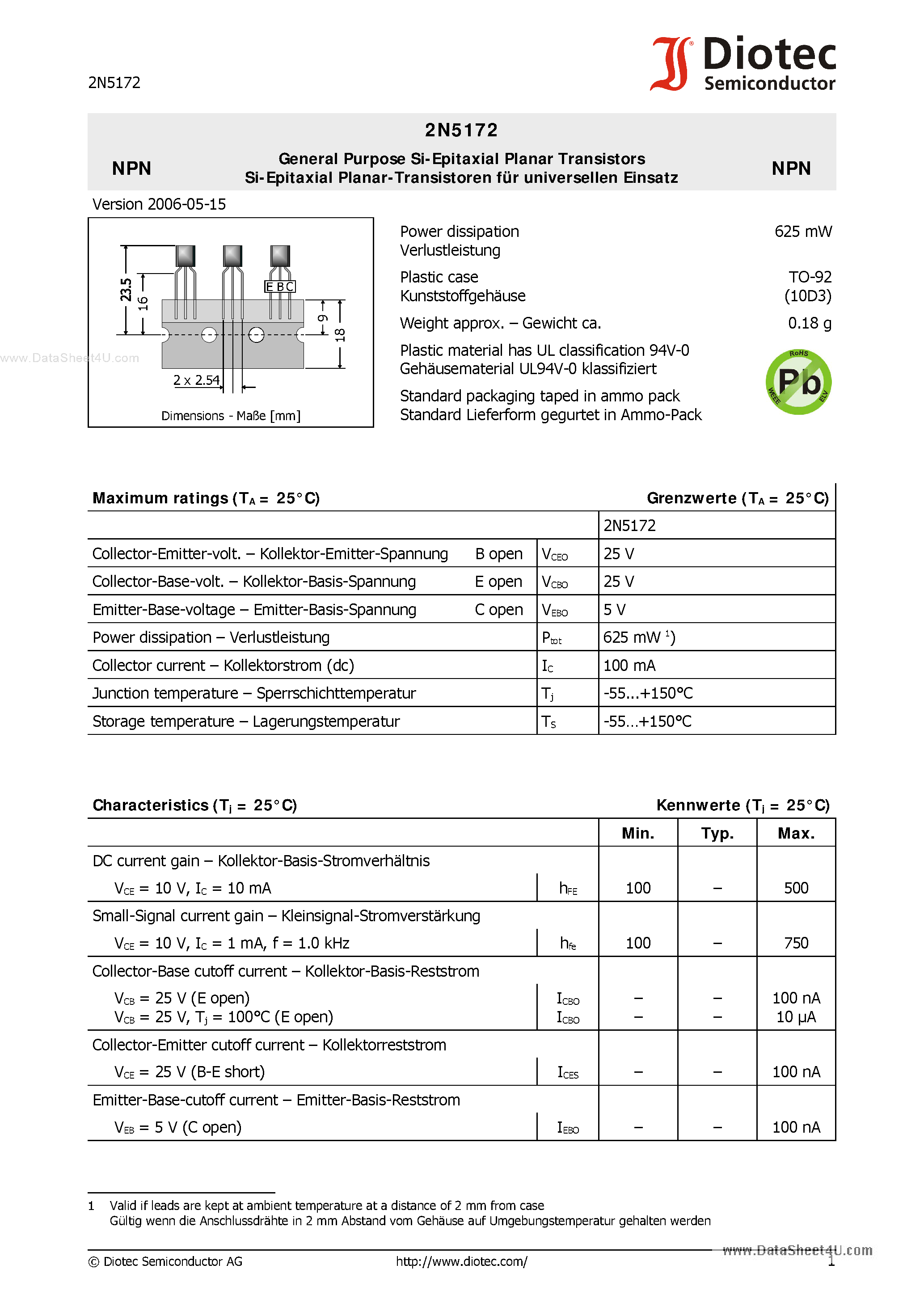 Даташит на микросхему 2N5172 страница 1 Даташит 2N5172 - General Purpose Si-Epitaxial Planar Transistors страница 1