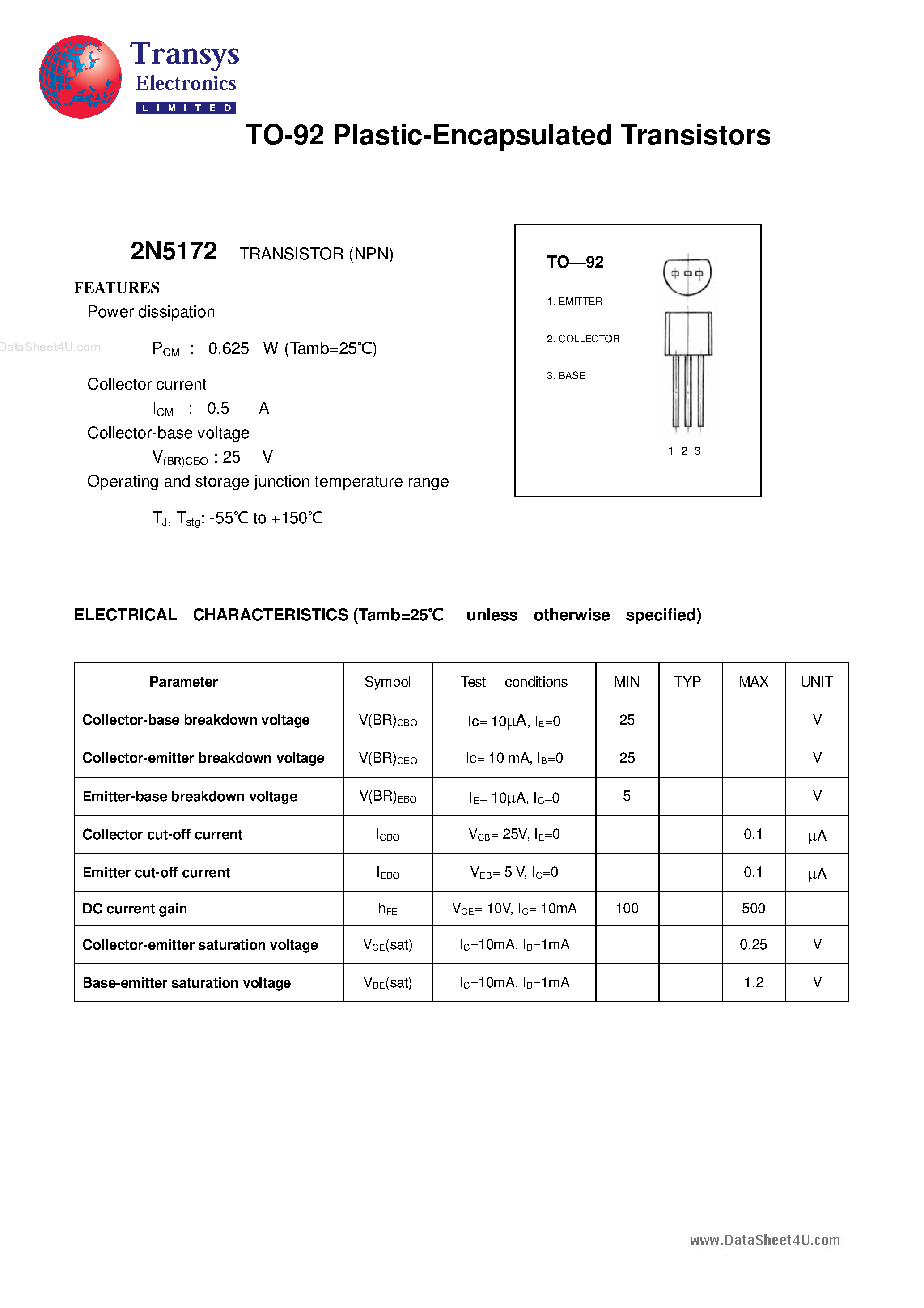 Даташит 2N5172 - Plastic-Encapsulated Transistors страница 1