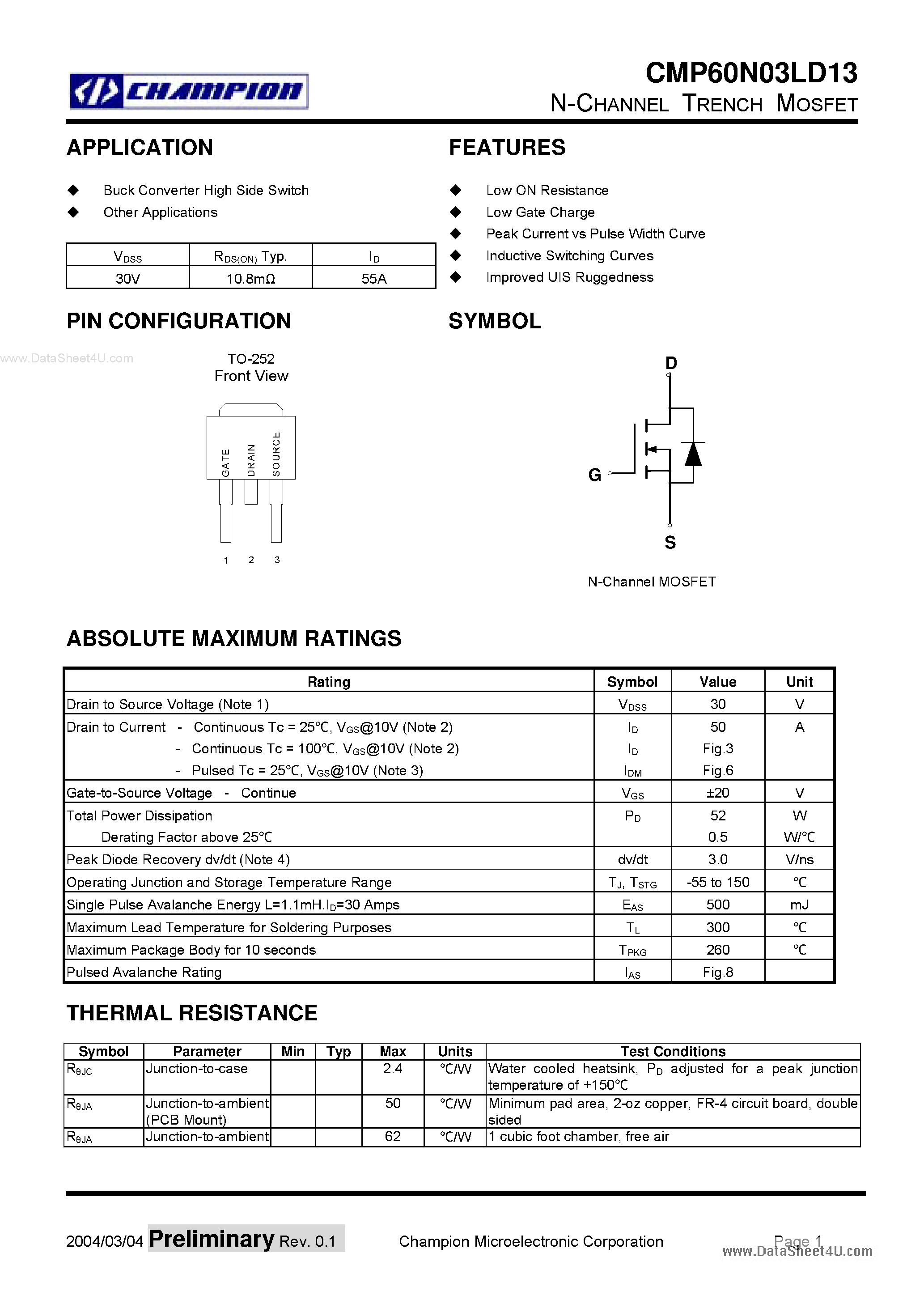 Datasheet CMP60N03LD13 - N-Channel Trench Mosfet page 1