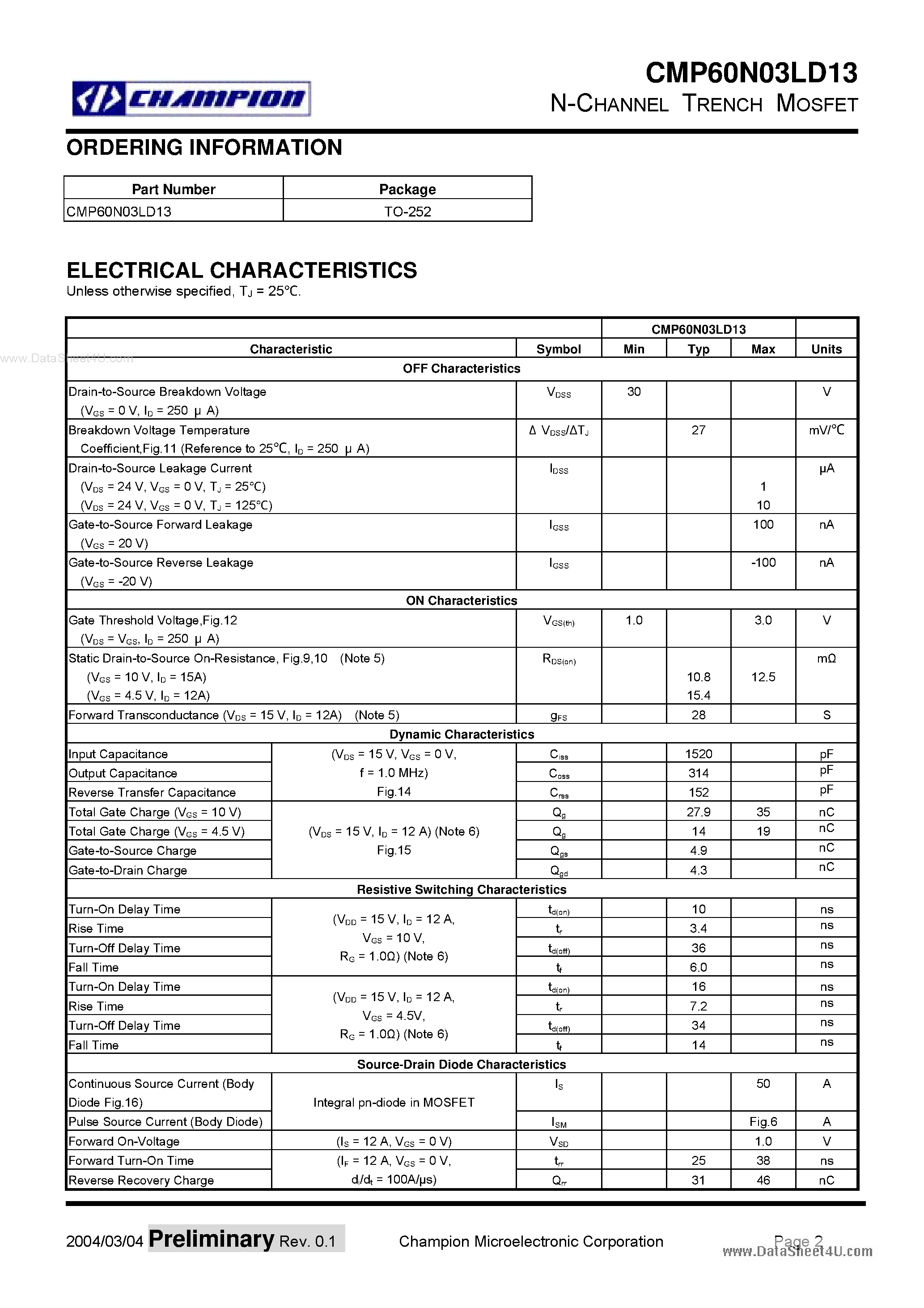 Datasheet CMP60N03LD13 - N-Channel Trench Mosfet page 2