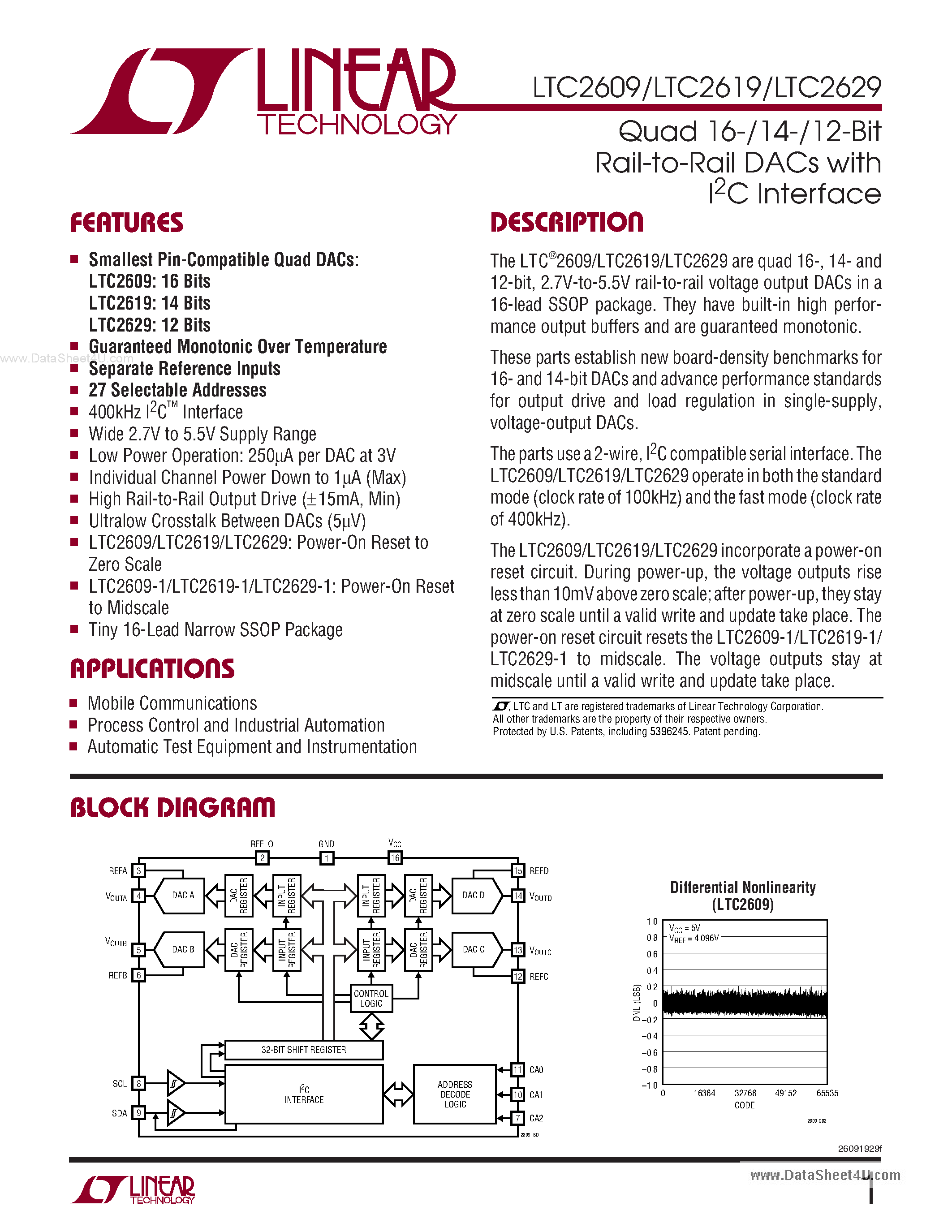 Datasheet LTC2609 - (LTC26x9) Quad 16-/14-/12-Bit Rail-to-Rail DACs page 1
