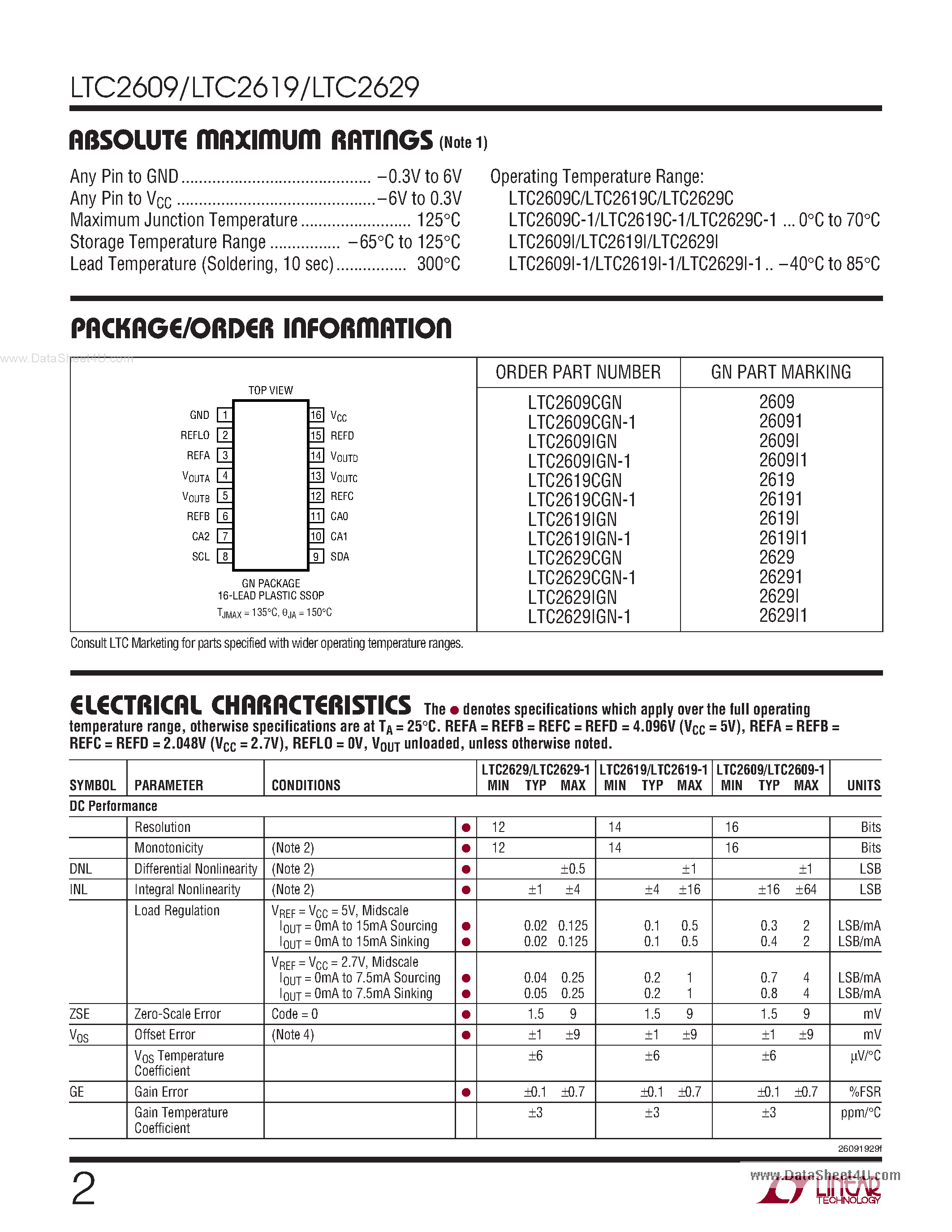 Datasheet LTC2609 - (LTC26x9) Quad 16-/14-/12-Bit Rail-to-Rail DACs page 2