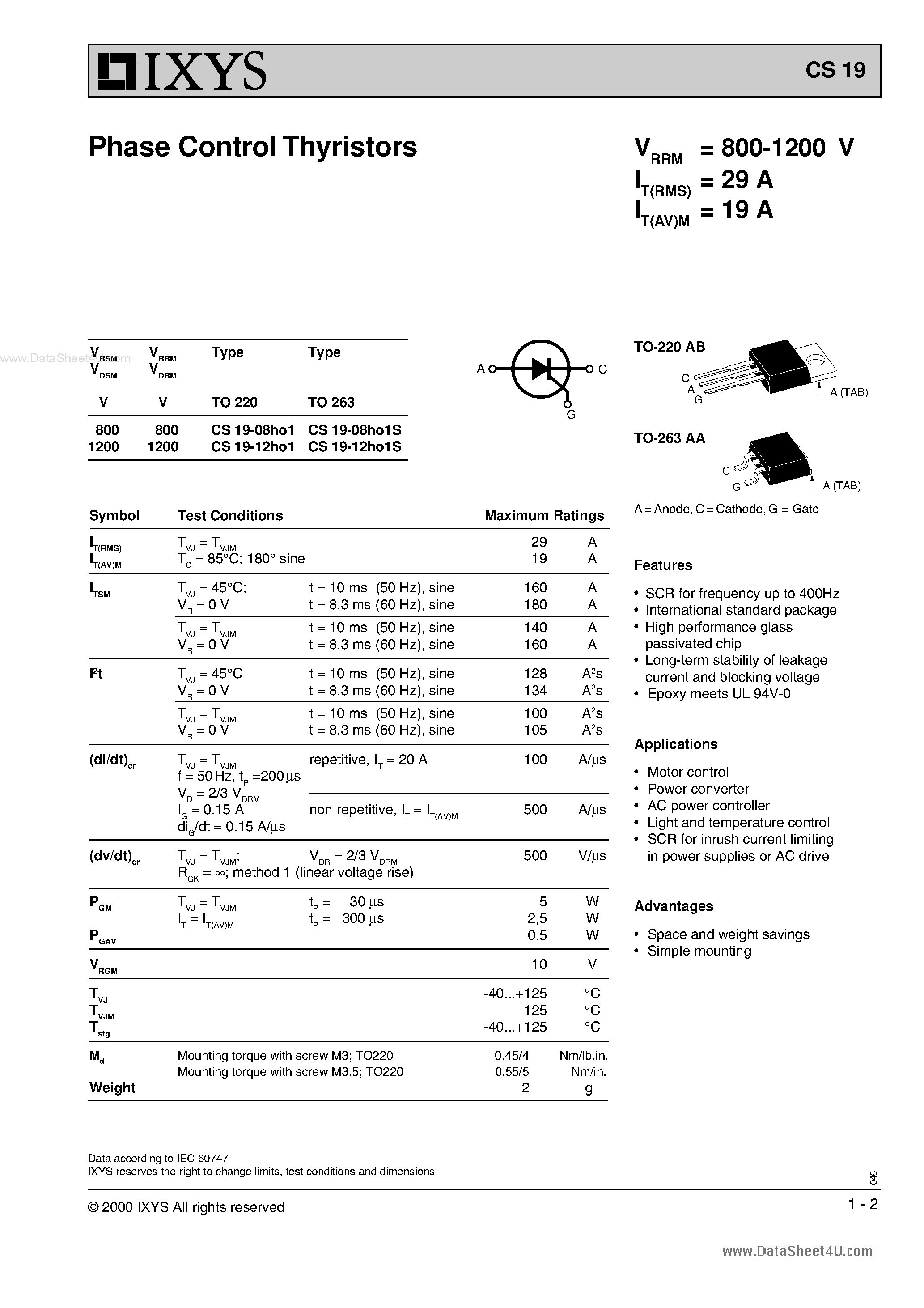 Datasheet CS19 page 1 Datasheet CS19 - Phase Control Thyristors page 1