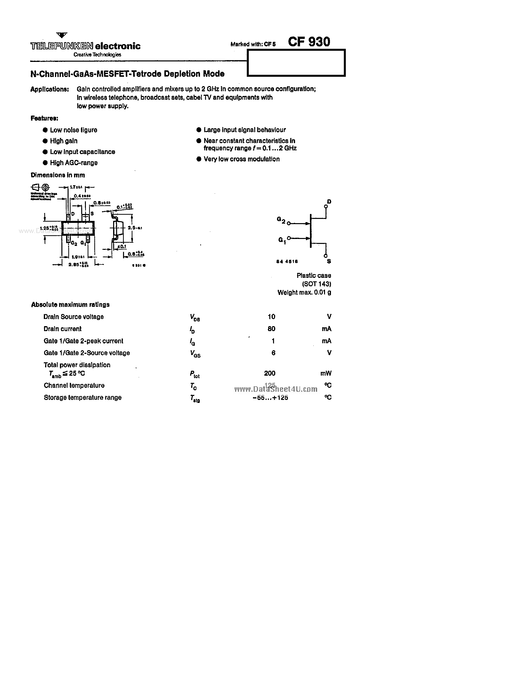 Datasheet CF930 - N-Channel GaAs MESFET Tetrode Depletion Mode page 1
