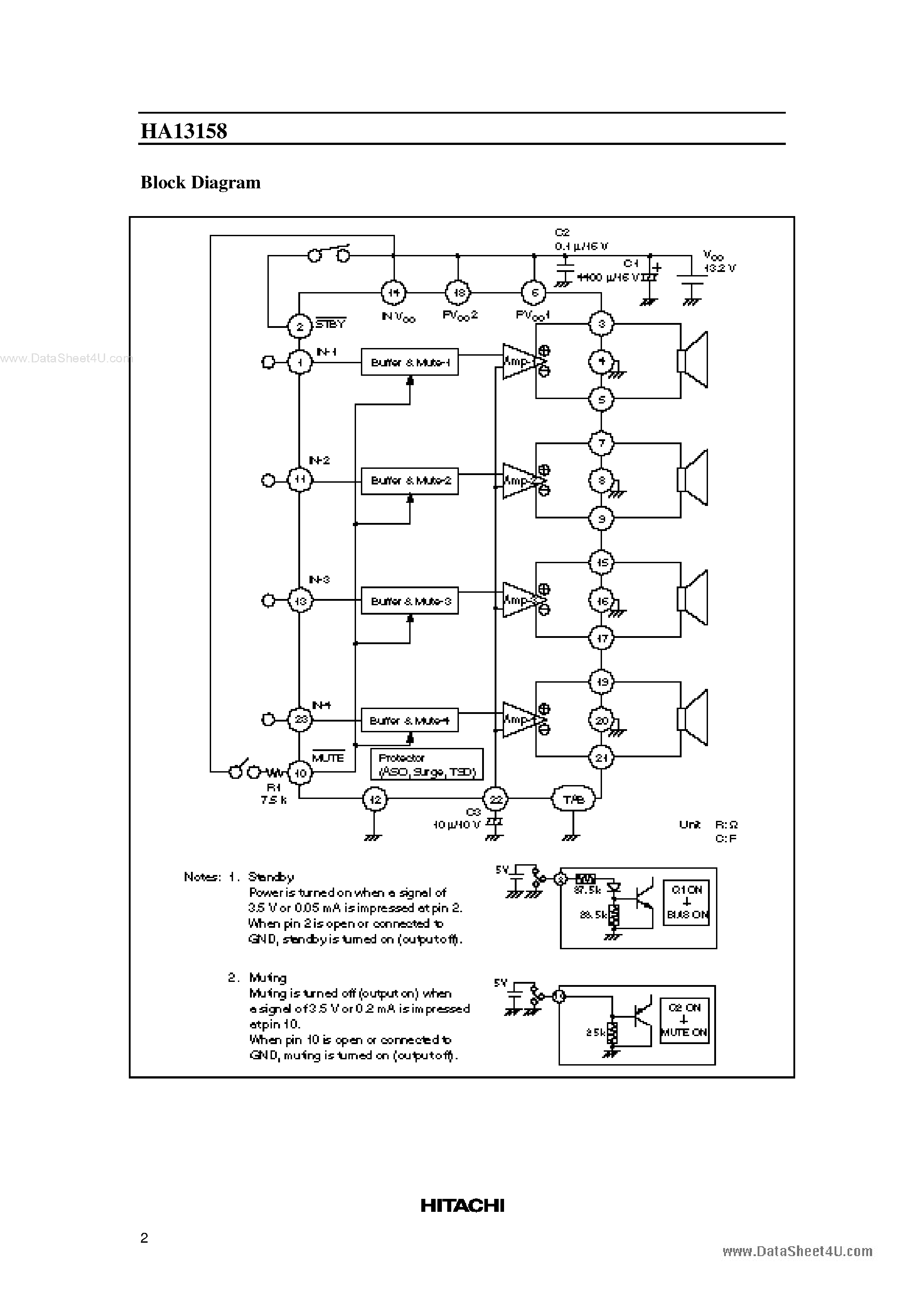 Даташит HA13158 - 34 W 4-Channel BTL Power IC страница 2