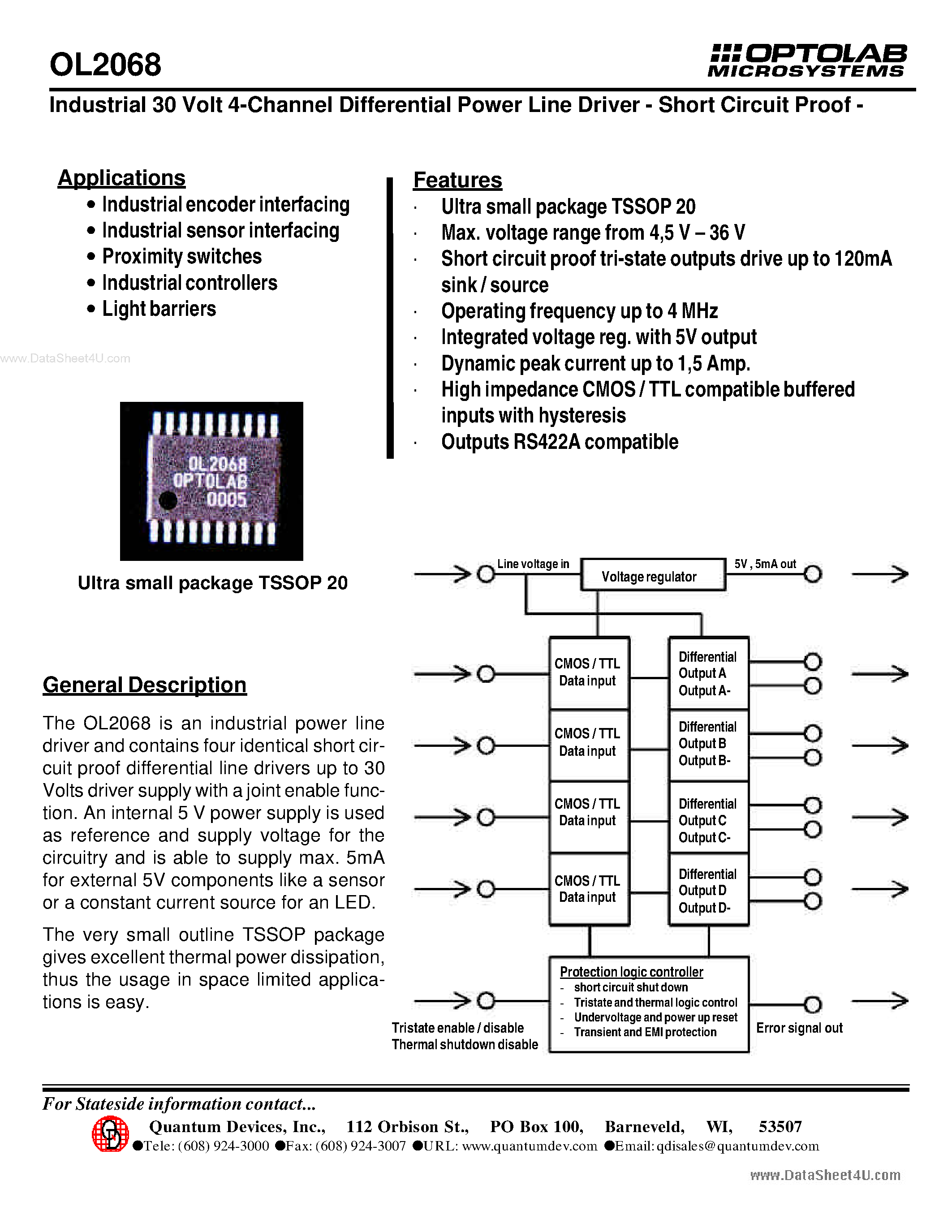 Datasheet OL2068 - Industrial 30 Volt 4-Channel Differential Power Line Driver page 1