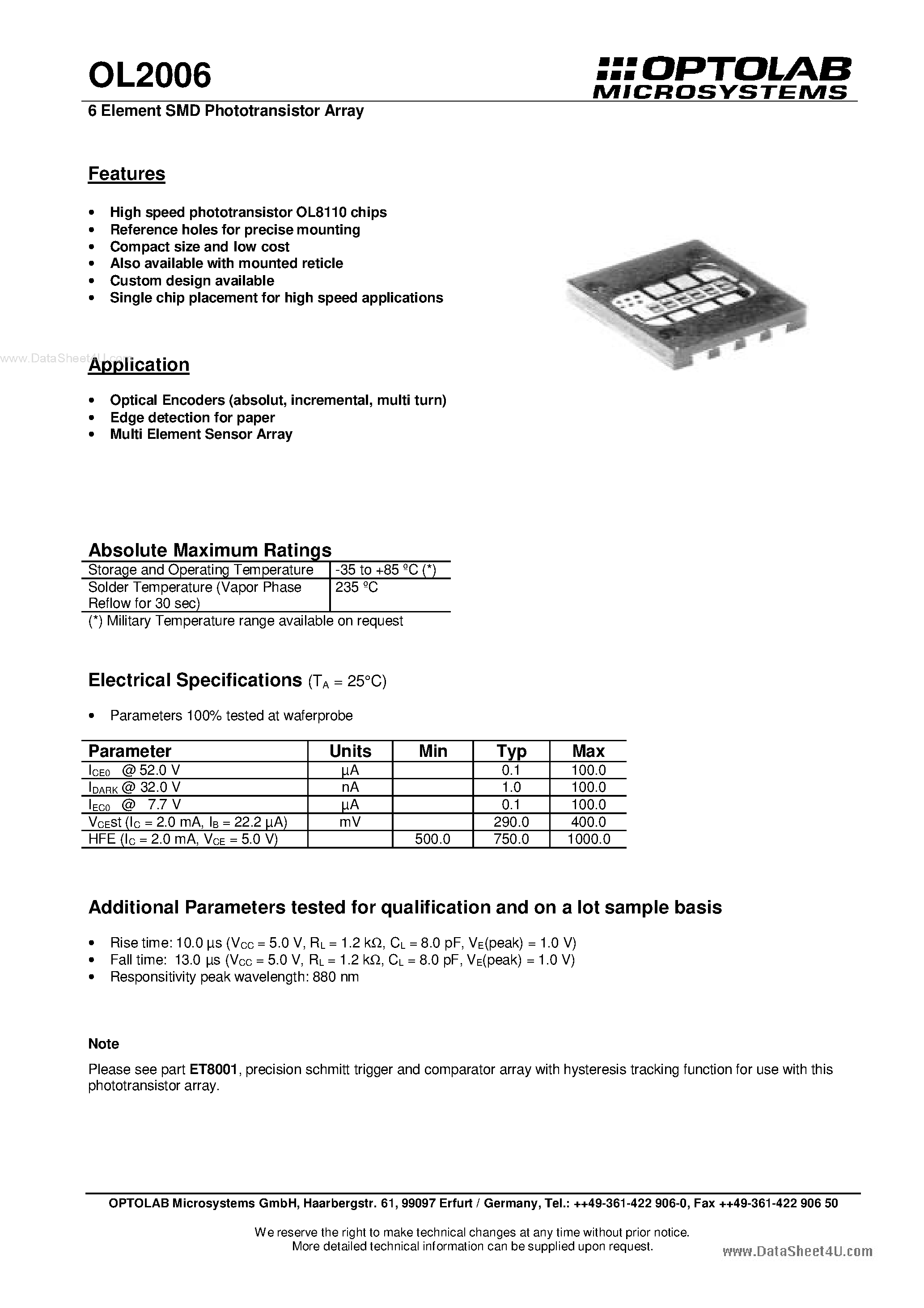 Datasheet OL2006 - 6 Element SMD Phototransistor Array page 1