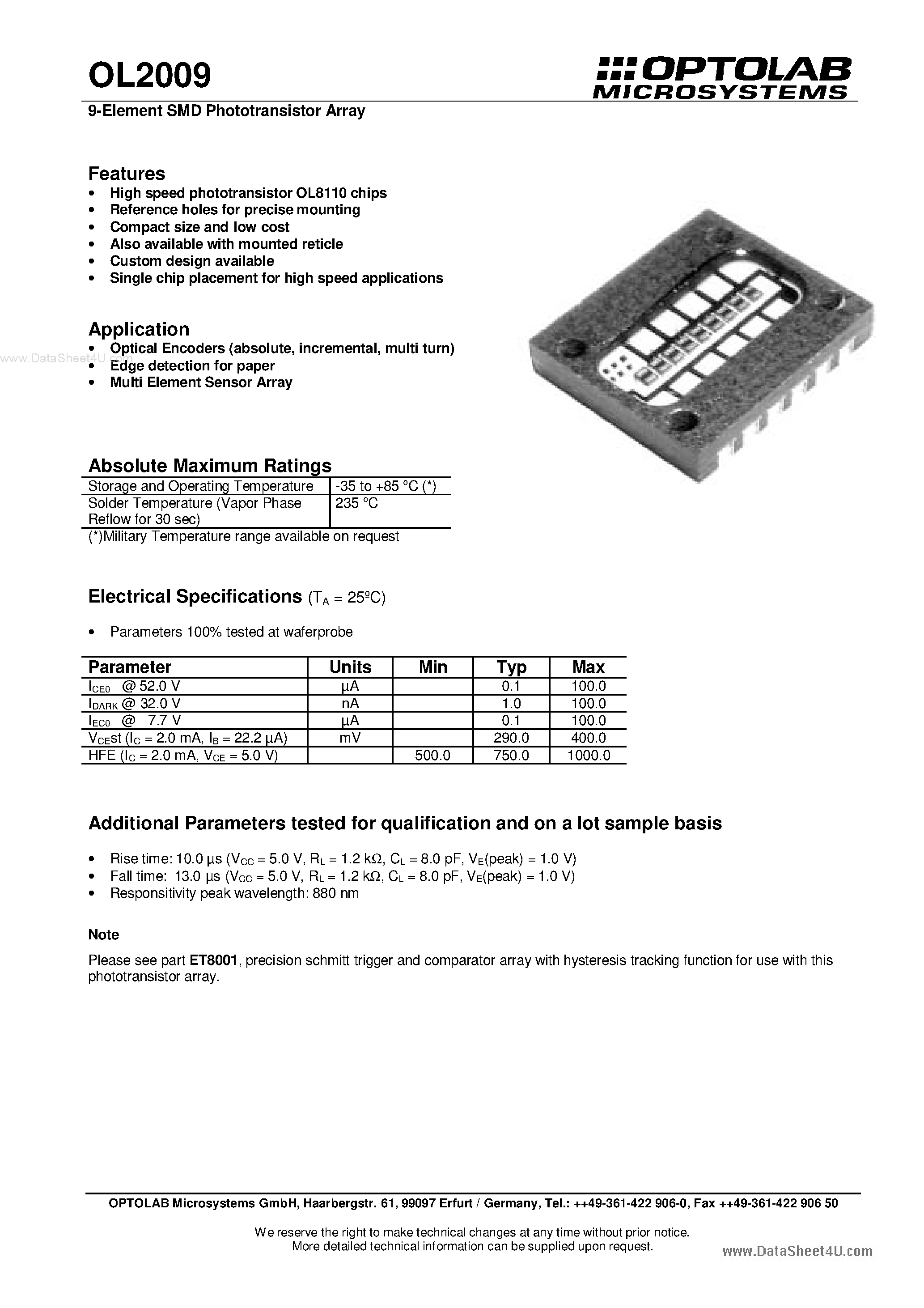 Datasheet OL2009 page 1 Datasheet OL2009 - 9 Element SMD Phototransistor Array page 1
