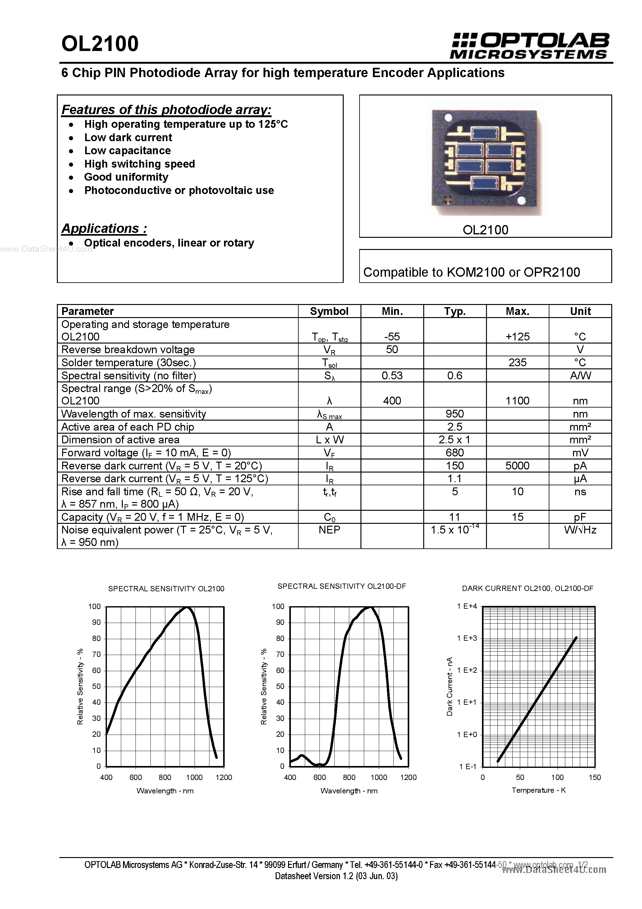 Datasheet OL2100 - 6 Chip PIN Photodiode Array page 1