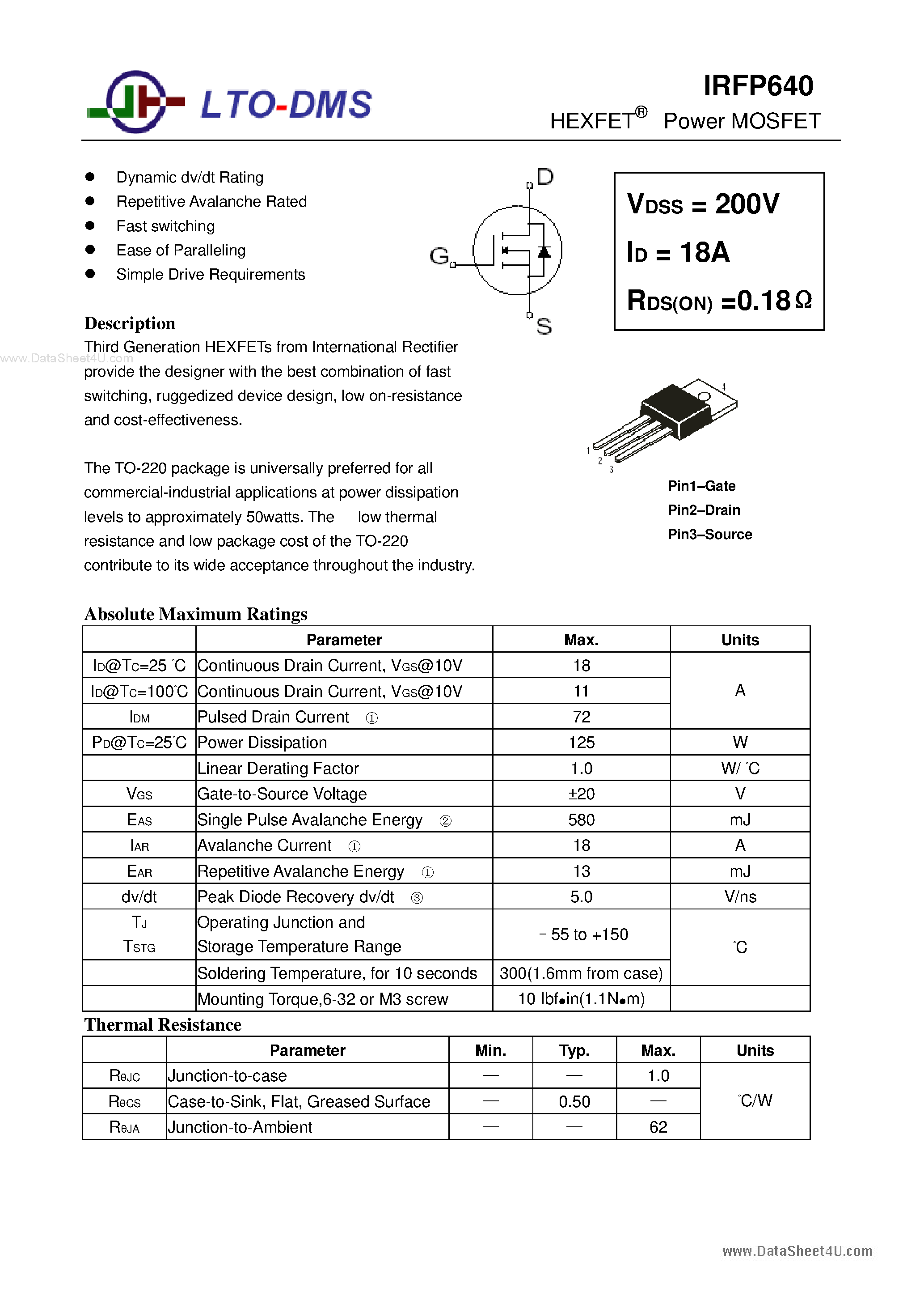 Datasheet IRFP640 page 1 Datasheet IRFP640 - Power MOSFET page 1