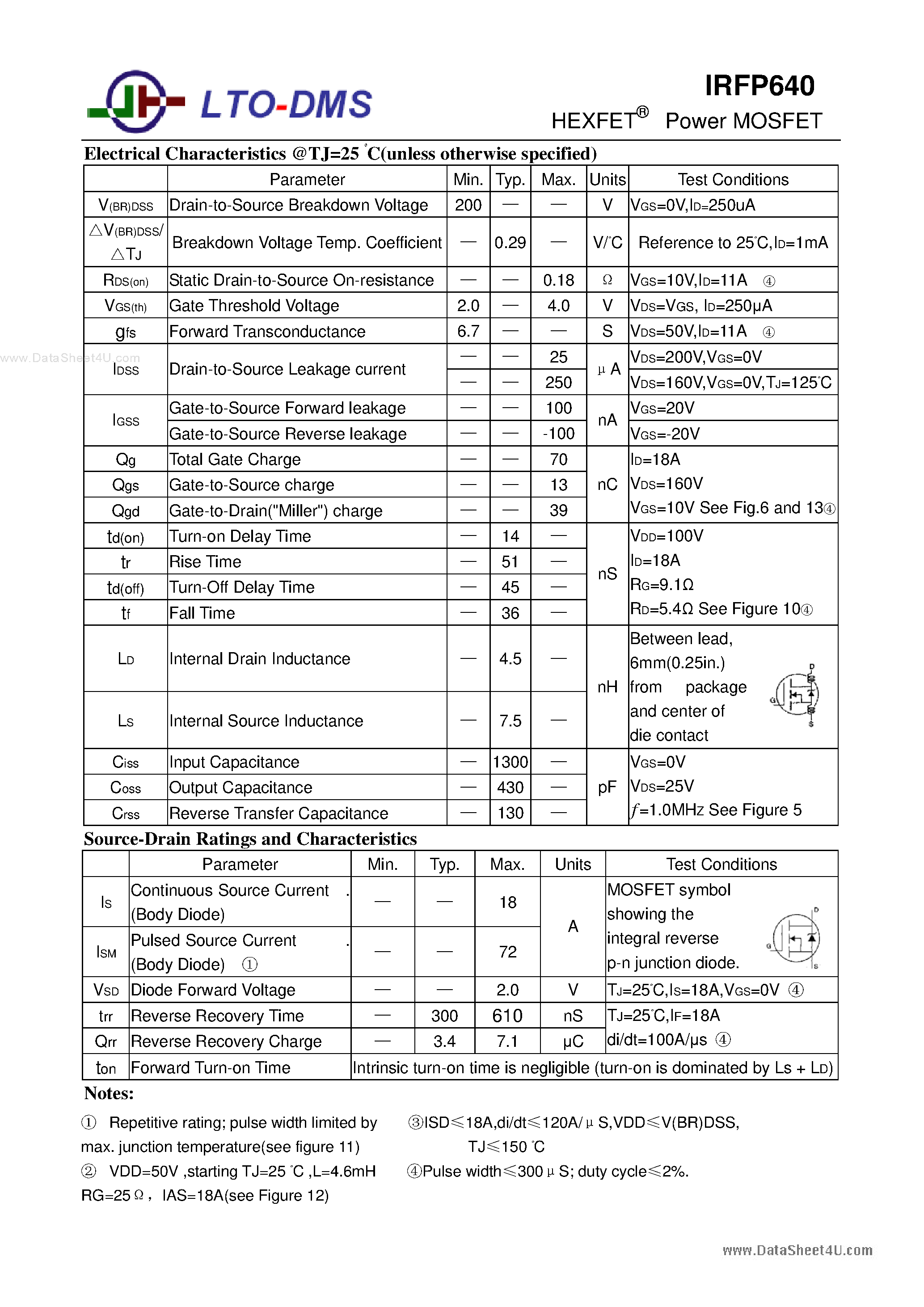 Datasheet IRFP640 page 2 Datasheet IRFP640 - Power MOSFET page 2