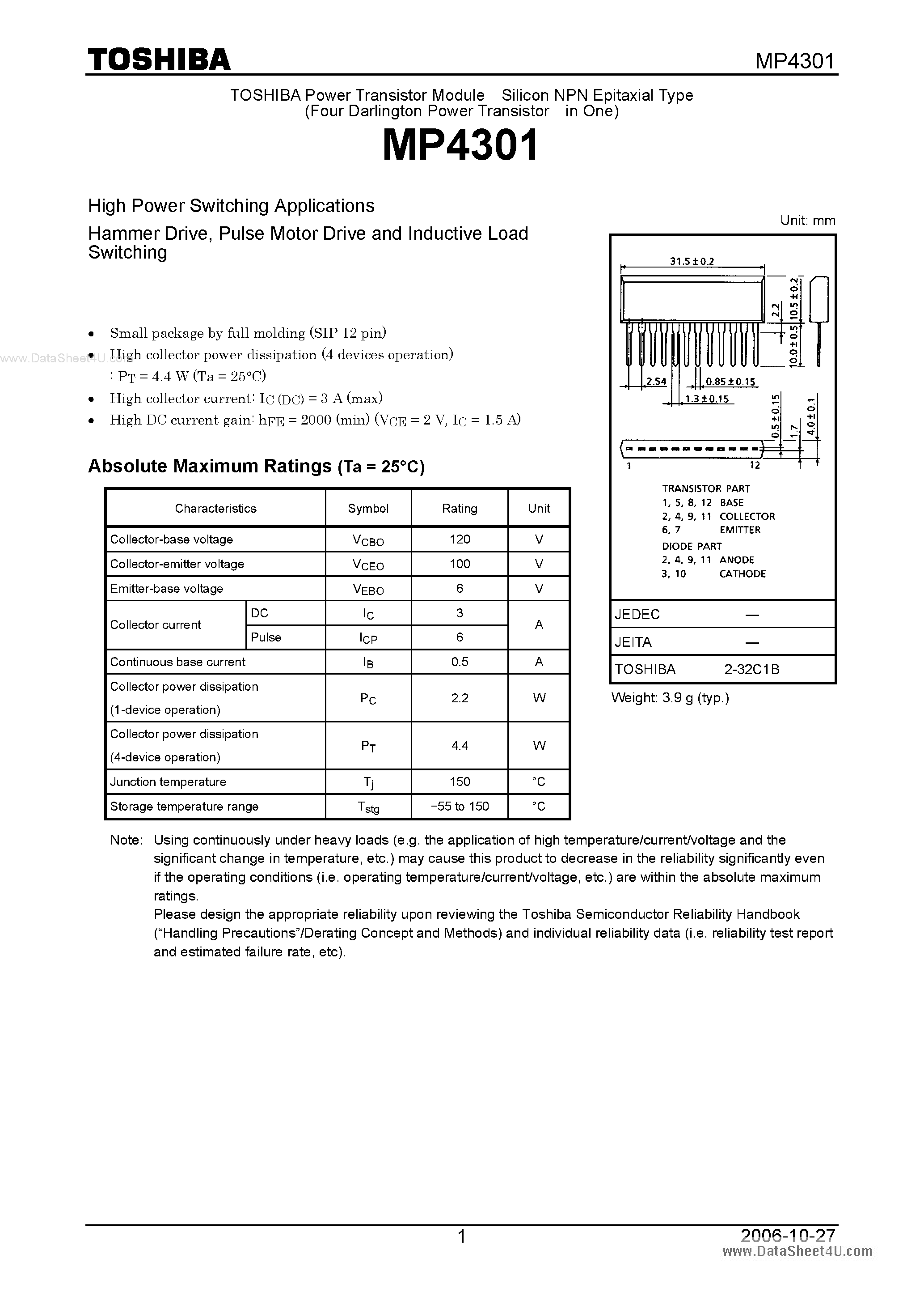 Datasheet MP4301 page 1 Datasheet MP4301 - Pulse Motor Drive and Inductive Load Switching page 1