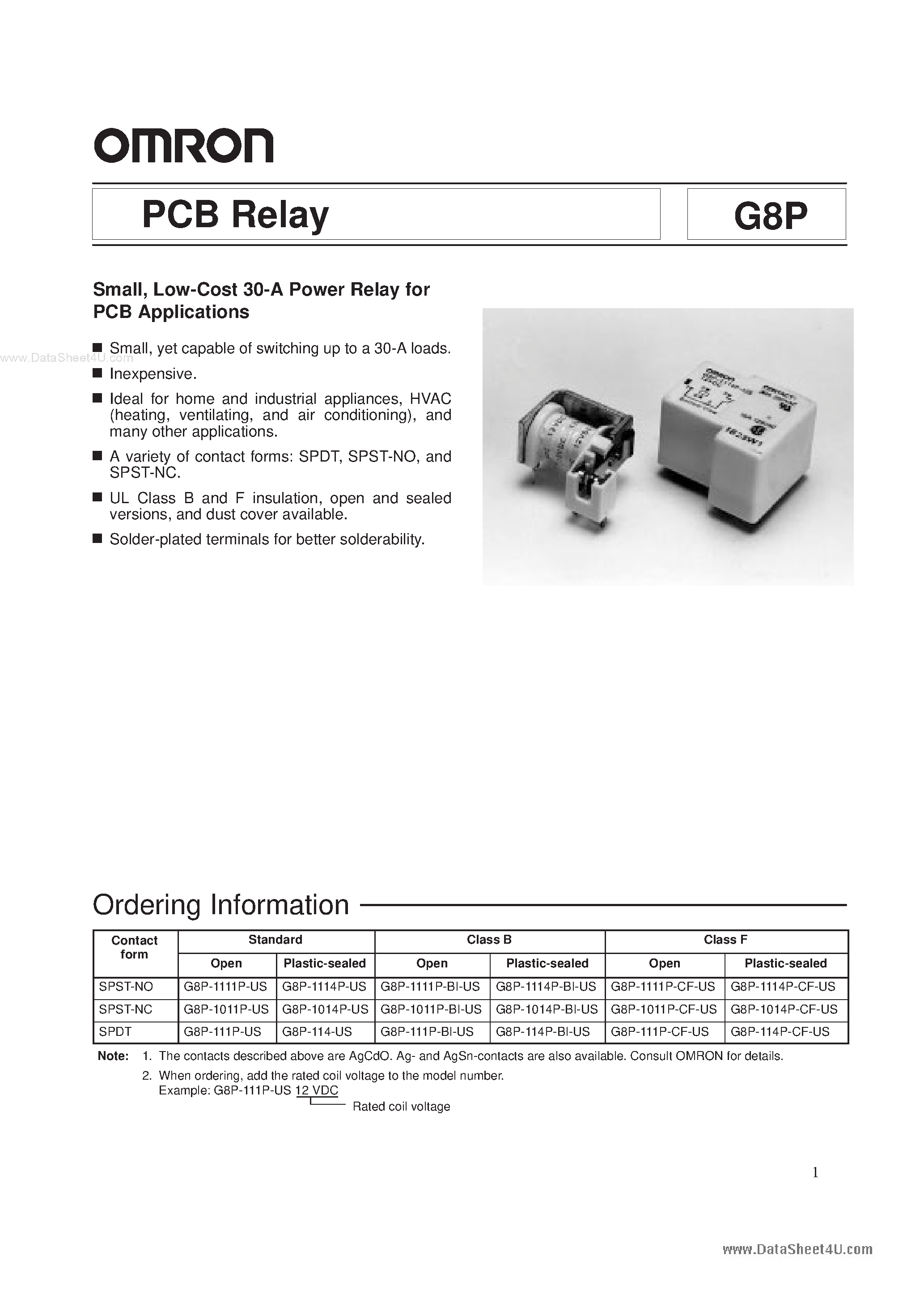 Даташит G8P - (G8P Series) Relay PCB12vdc страница 1