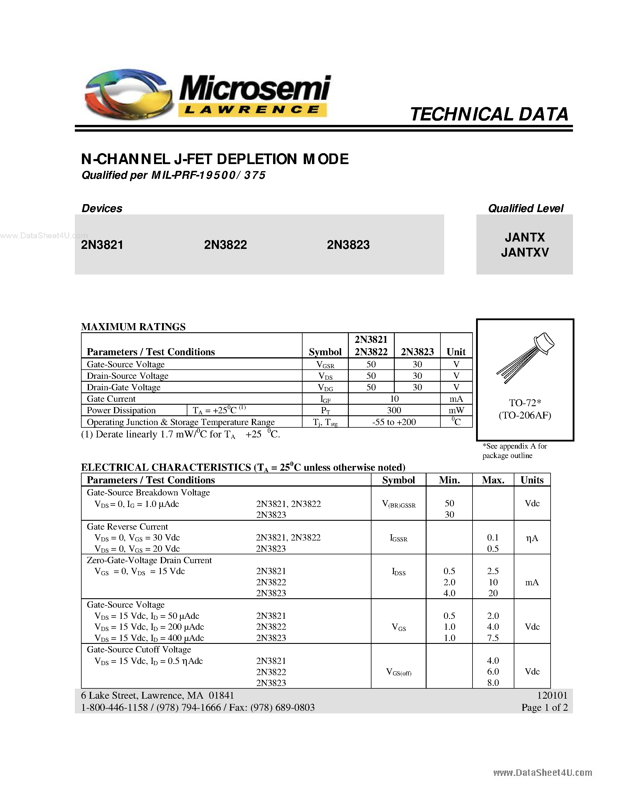 Datasheet JANTX2N3821 page 1 Datasheet JANTX2N3821 - (JANTX2N382x) N Channel MOSFET page 1