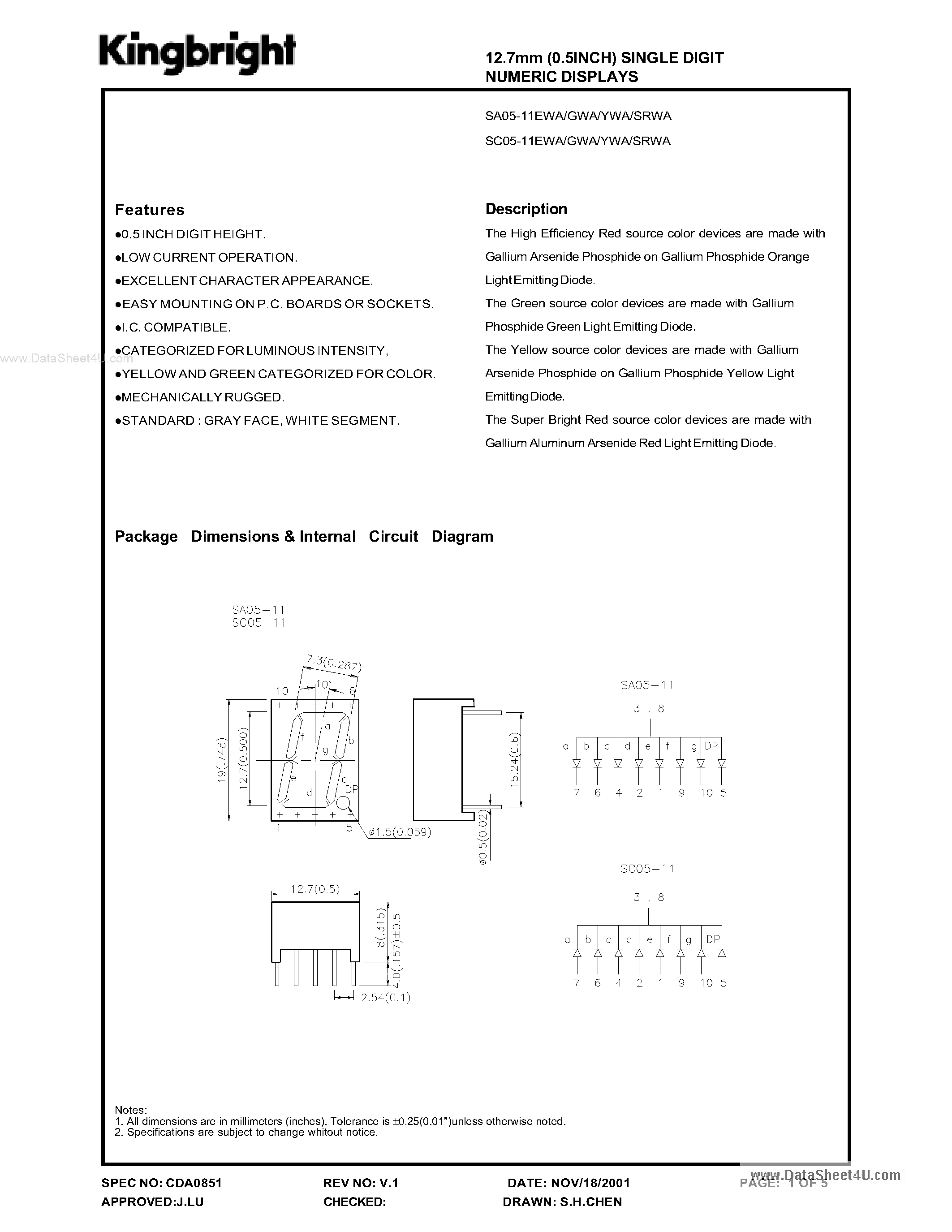 Даташит на микросхему SA05-11xxWA страница 1 Даташит SA05-11xxWA - 12.7 MM SINGLE DIGIT NUMERIC DISPLAYS страница 1