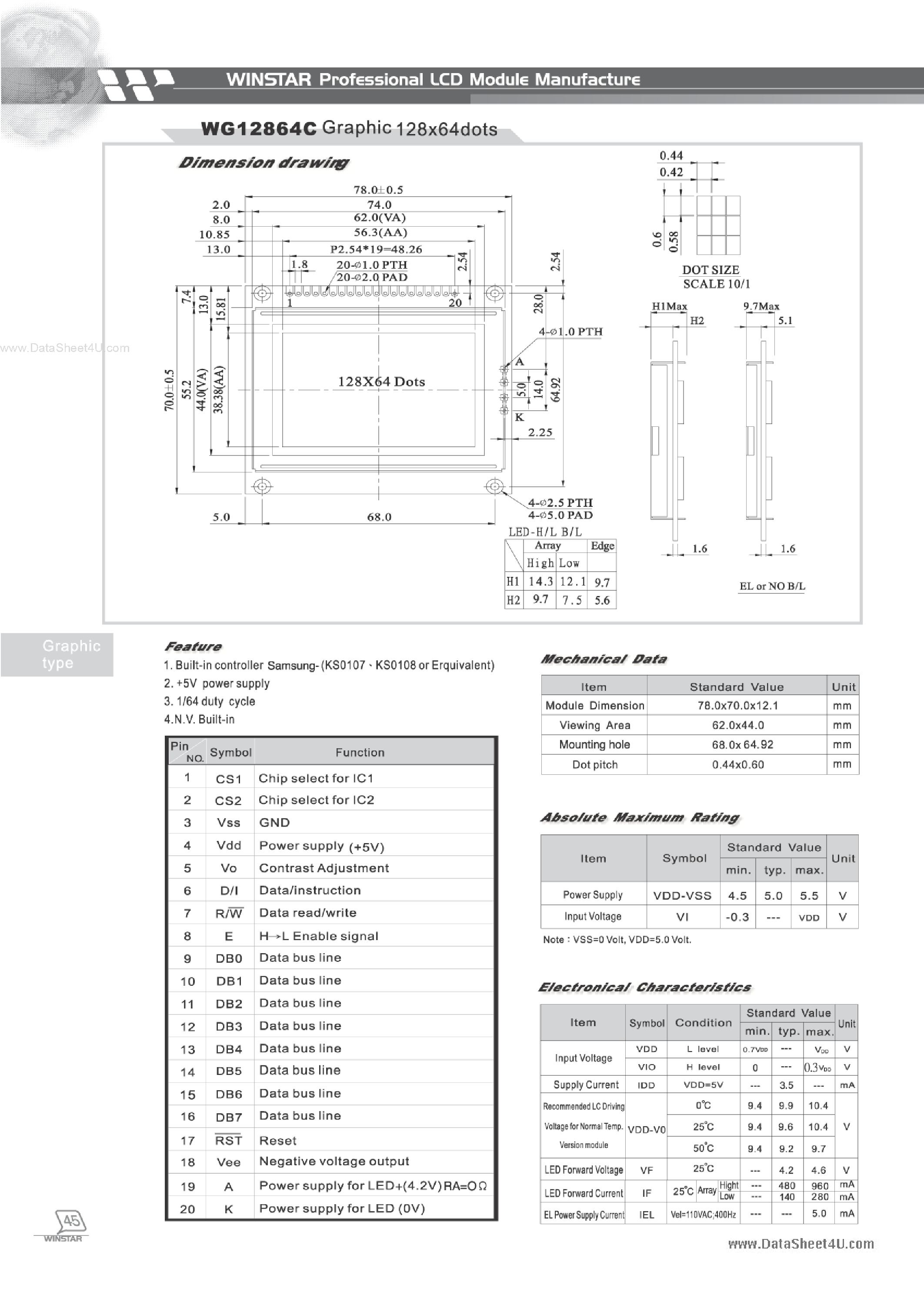 Datasheet WG12864C page 1 Datasheet WG12864C - LCD MODULE GRAPHIC 128 X 64 DOTS page 1