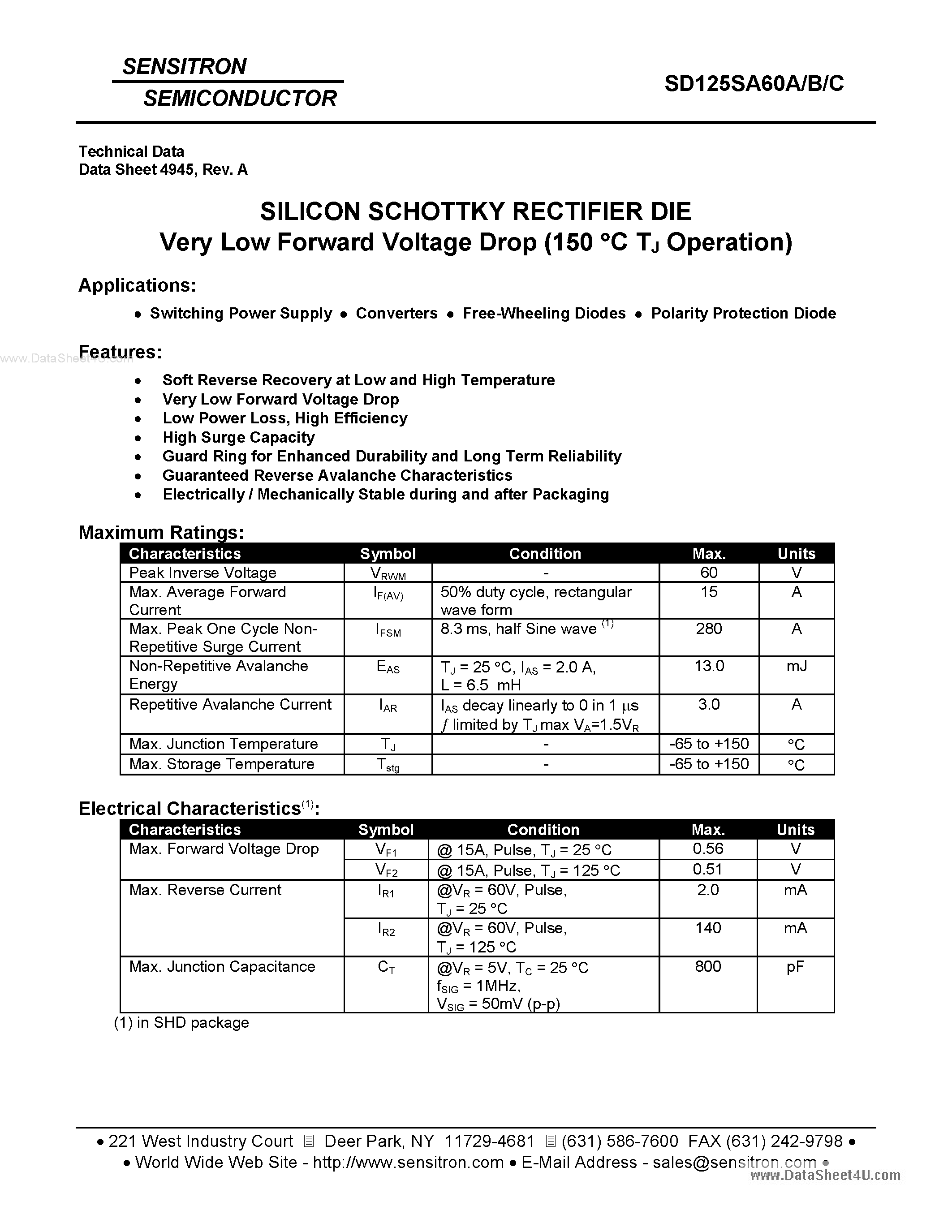 Datasheet SD125SA60A page 1 Datasheet SD125SA60A - SILICON SCHOTTKY RECTIFIER DIE page 1