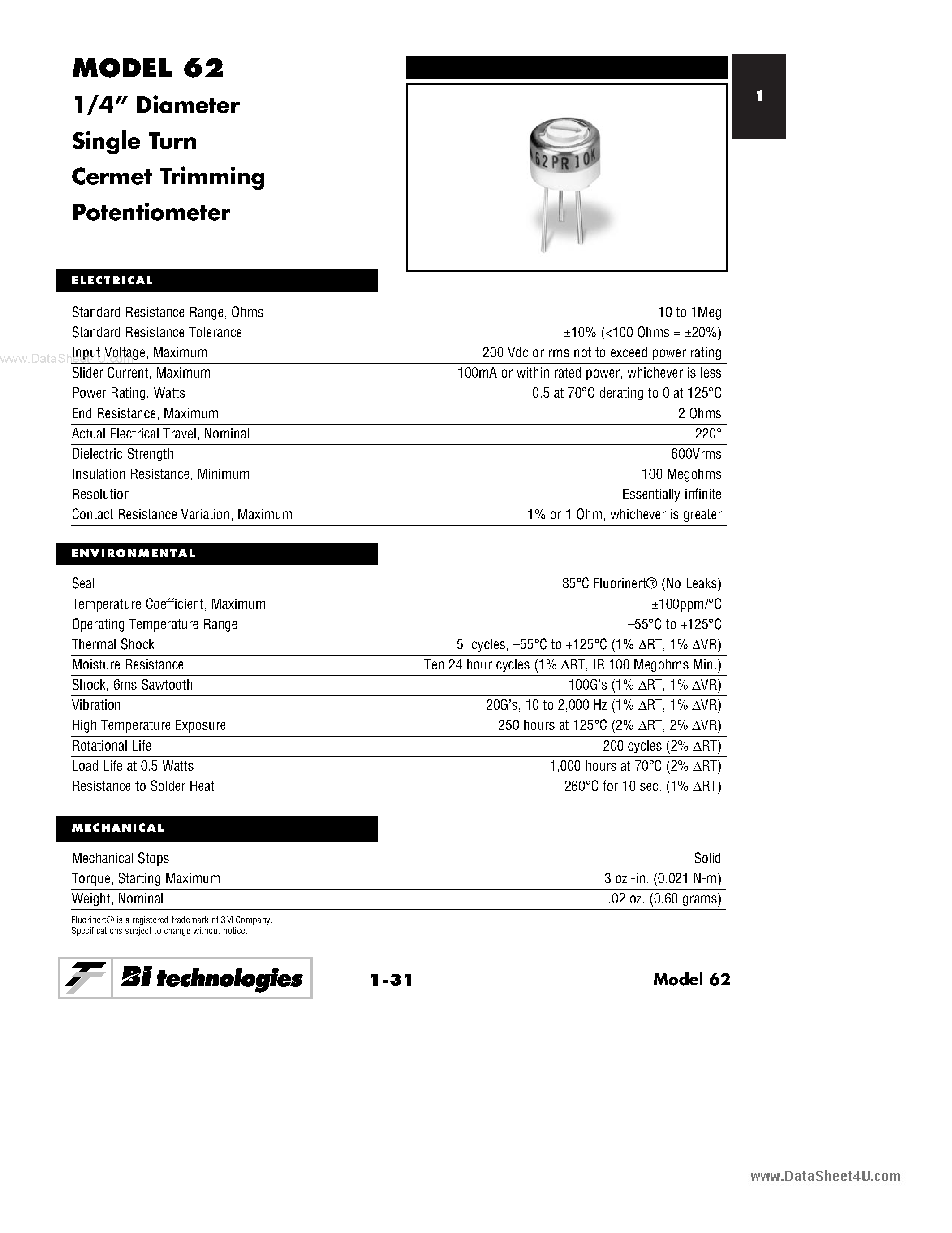 Datasheet 62MR2KLF - 1/4 Diameter Single Turn Cermet Trimming Potentiometer page 1