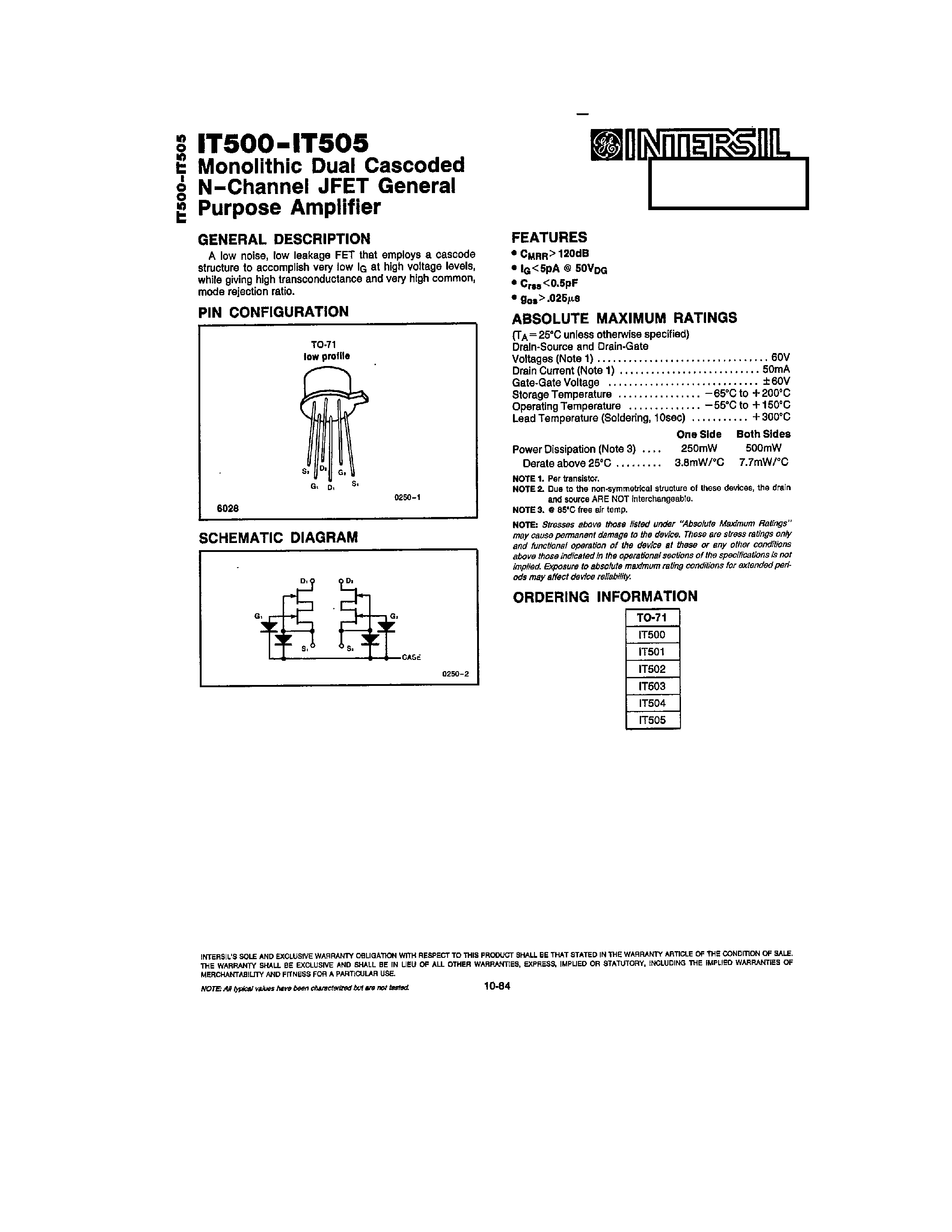 Datasheet IT501 - (IT500 - IT506) Monolithic Dual Cascoded N-Channel JEET General Purpose Amplifier page 1