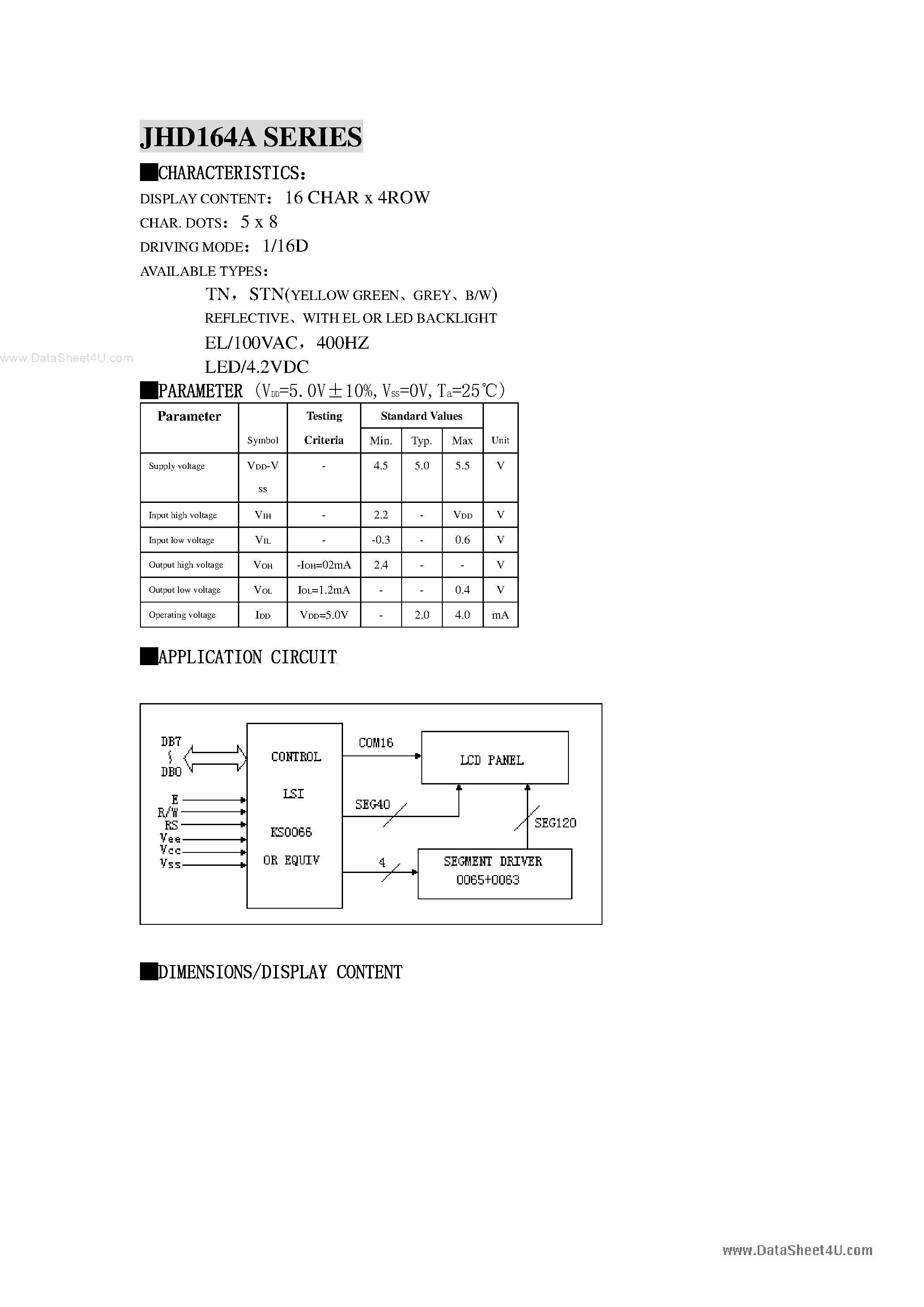 Даташит JHD164A - 16 CHAR x 4ROW DISPLAY страница 1