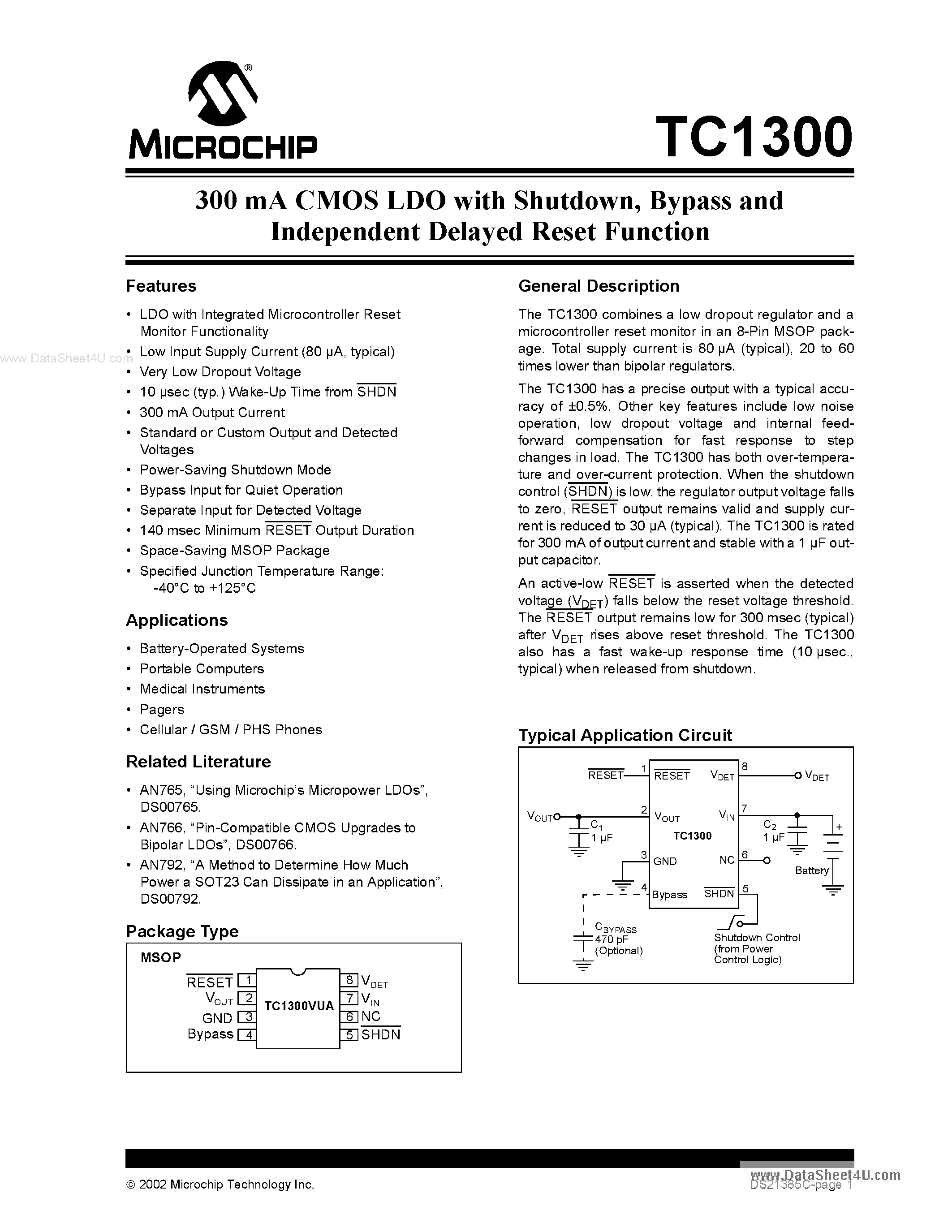 Datasheet TC1300 page 1 Datasheet TC1300 - 300 mA CMOS LDO page 1