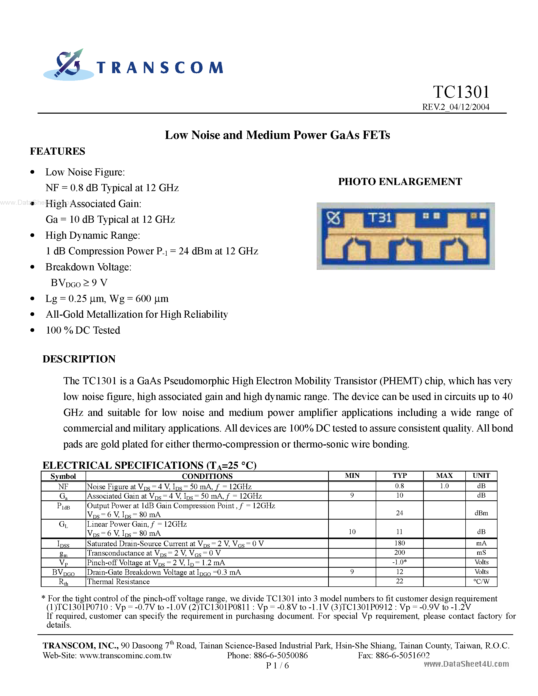 Datasheet TC1301 page 1 Datasheet TC1301 - Low Noise and Medium Power GaAs FETs page 1