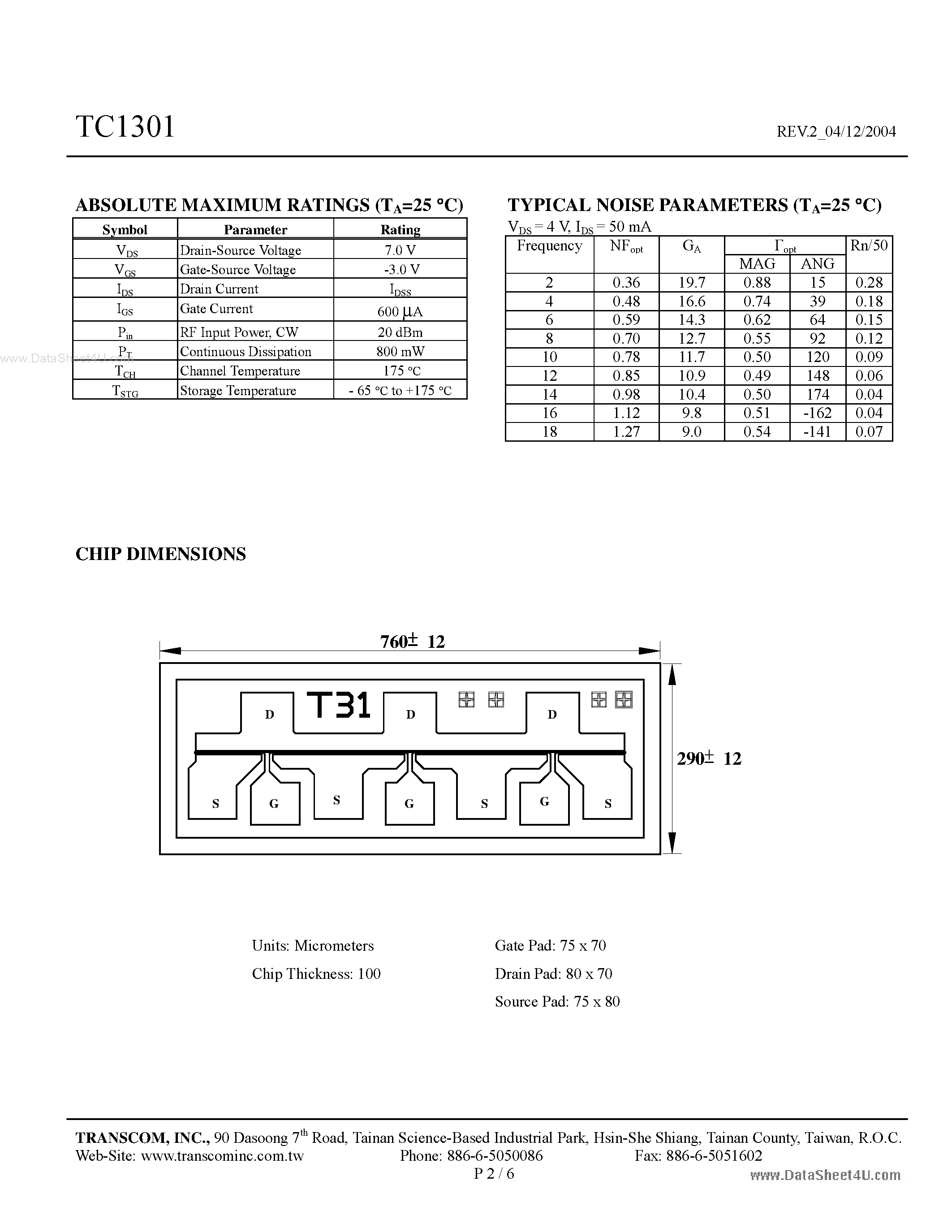 Datasheet TC1301 page 2 Datasheet TC1301 - Low Noise and Medium Power GaAs FETs page 2