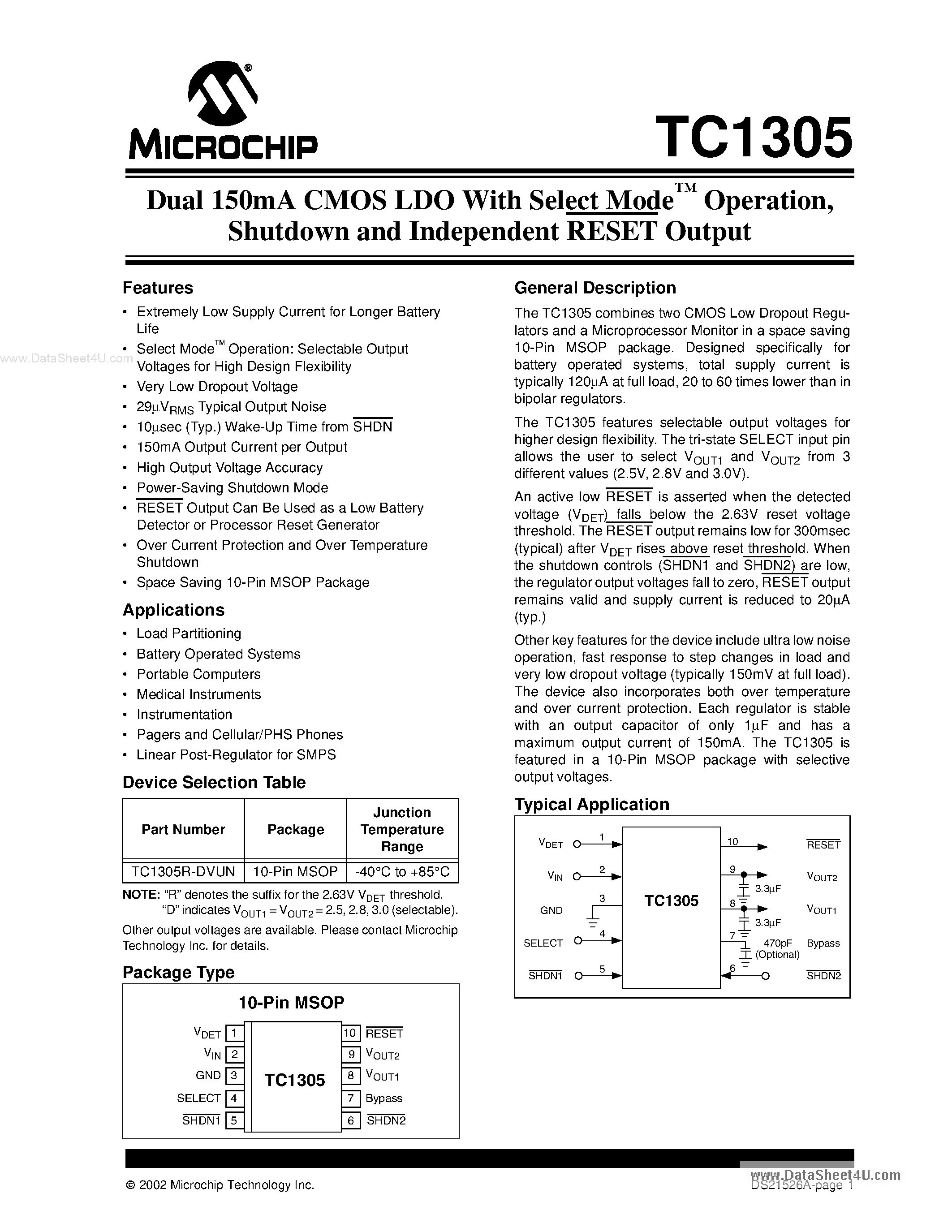 Datasheet TC1305 page 1 Datasheet TC1305 - Dual 150mA CMOS LDO page 1