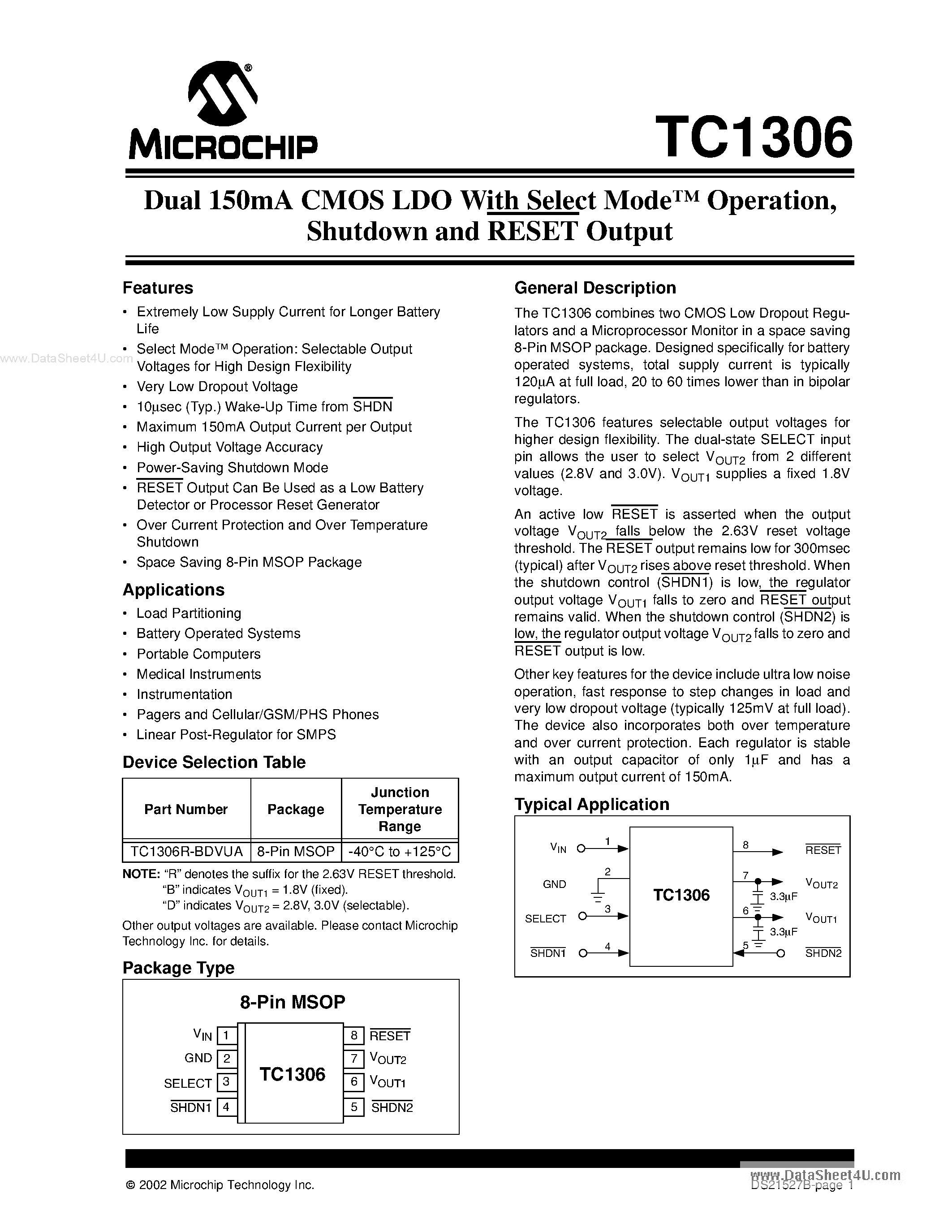Datasheet TC1306 page 1 Datasheet TC1306 - Dual 150mA CMOS LDO page 1