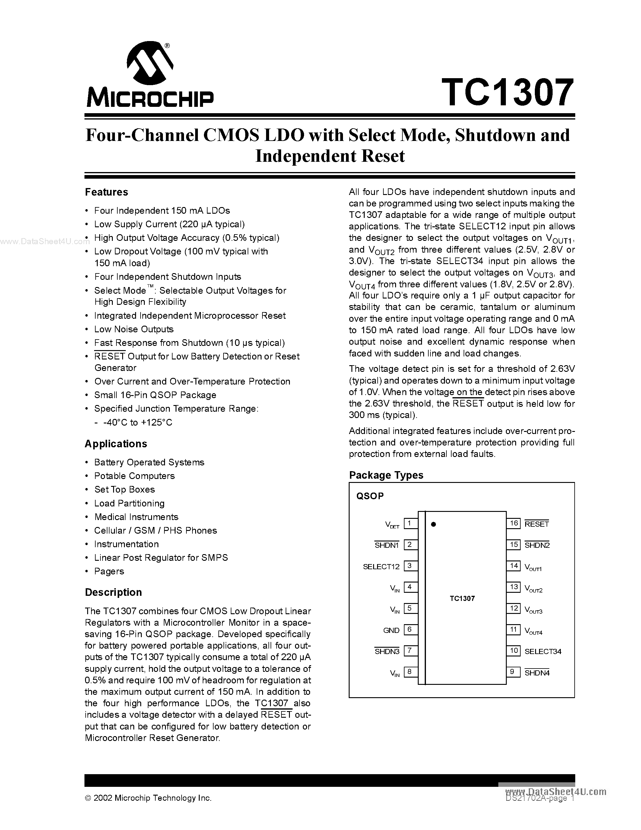Datasheet TC1307 page 1 Datasheet TC1307 - Four-Channel CMOS LDO page 1