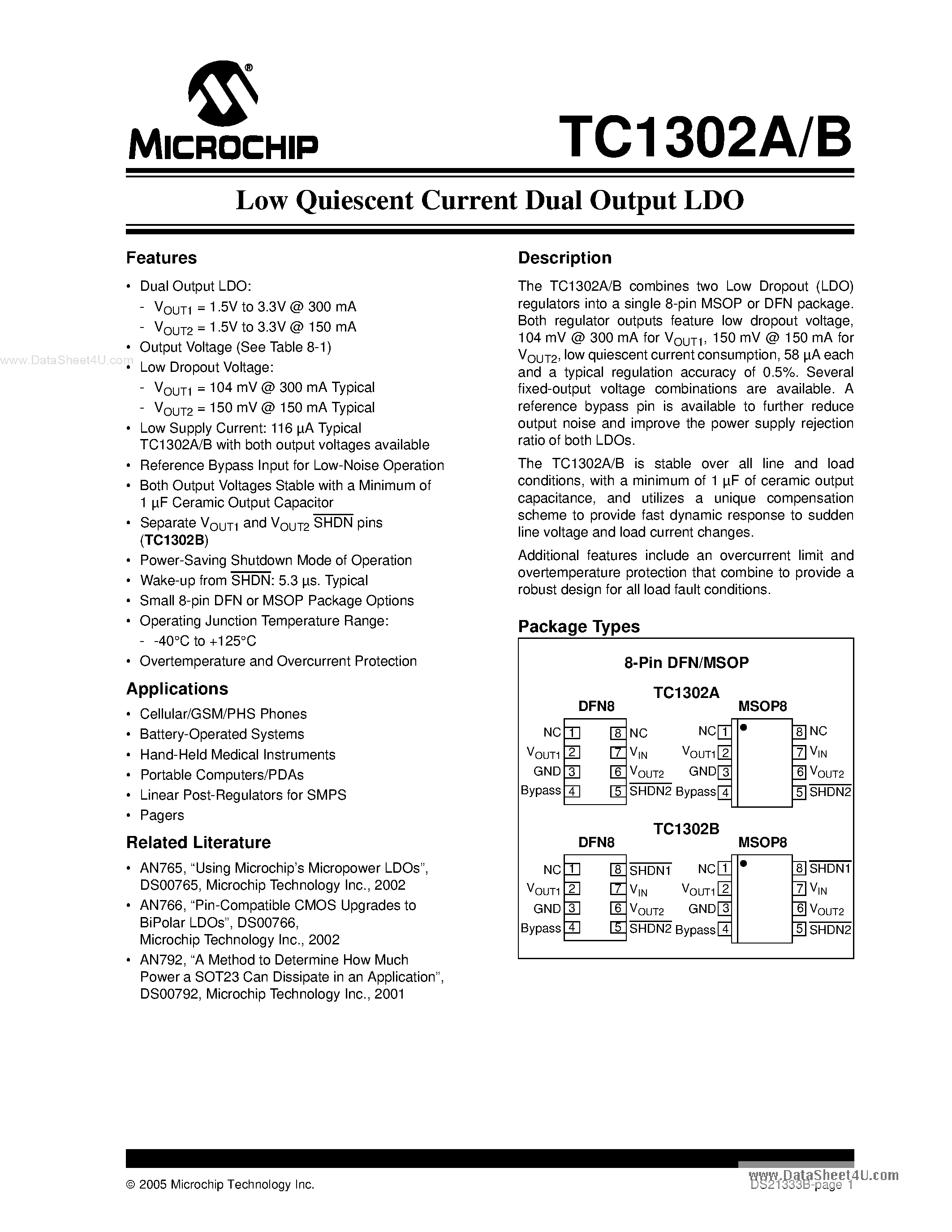 Datasheet TC1302A page 1 Datasheet TC1302A - LOW QUIESCENT CURRENT DUAL OUTPUT LDO page 1