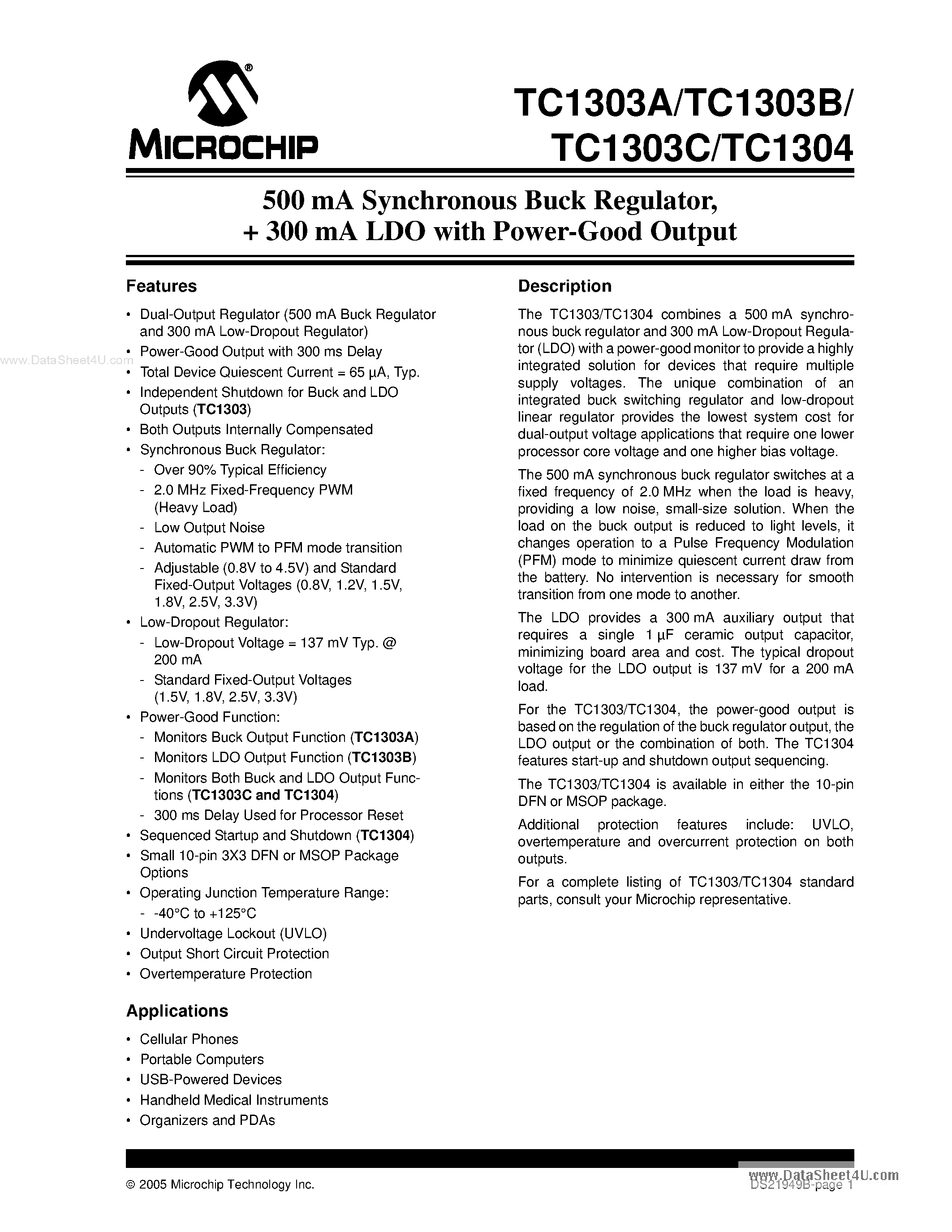 Datasheet TC1303A page 1 Datasheet TC1303A - (TC1303 / TC1304) 500 mA Synchronous Buck Regulator page 1