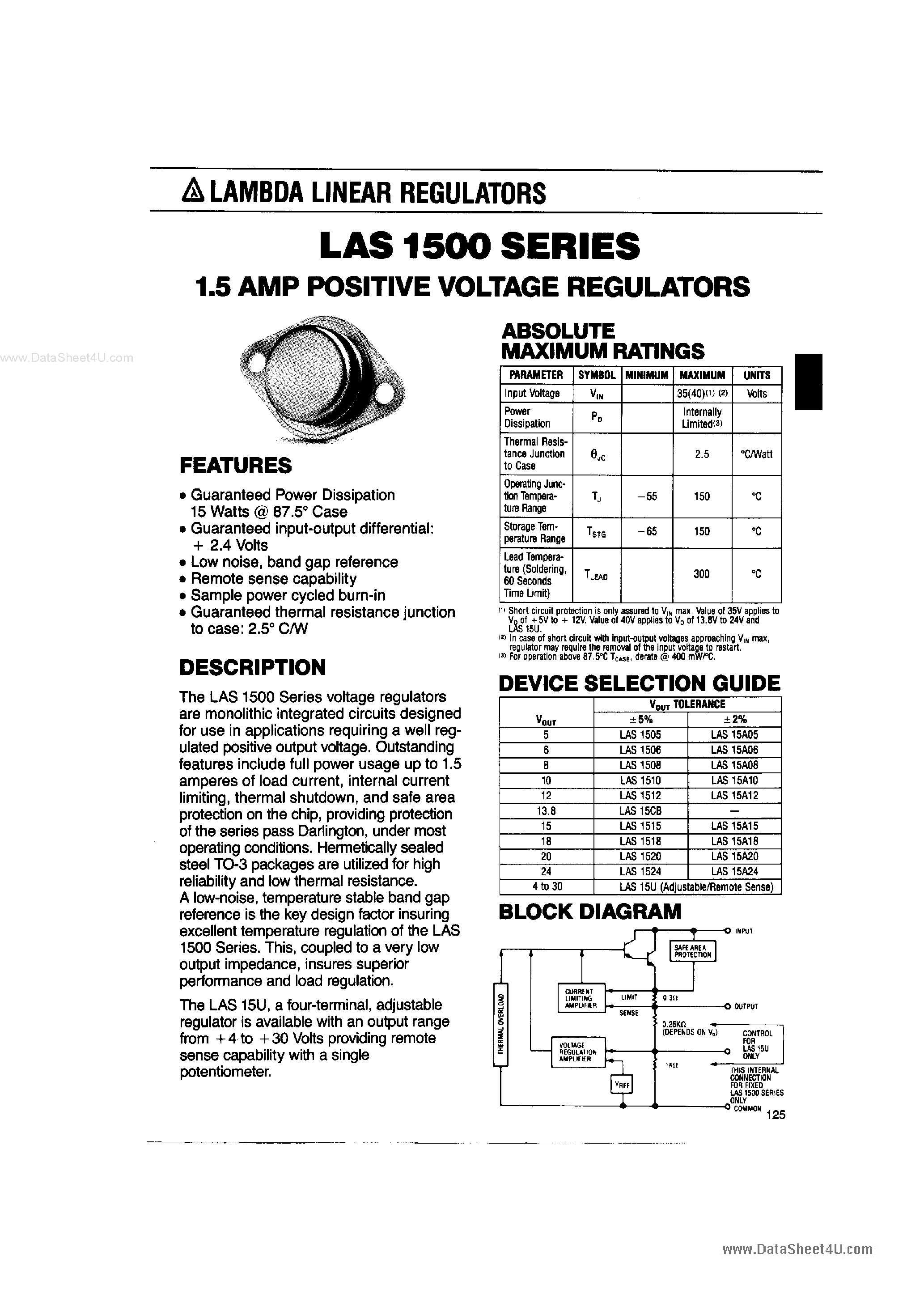 Datasheet LAS1524 - 1.5 AMP POSITIVE VOLTAGE REGULATORS page 1