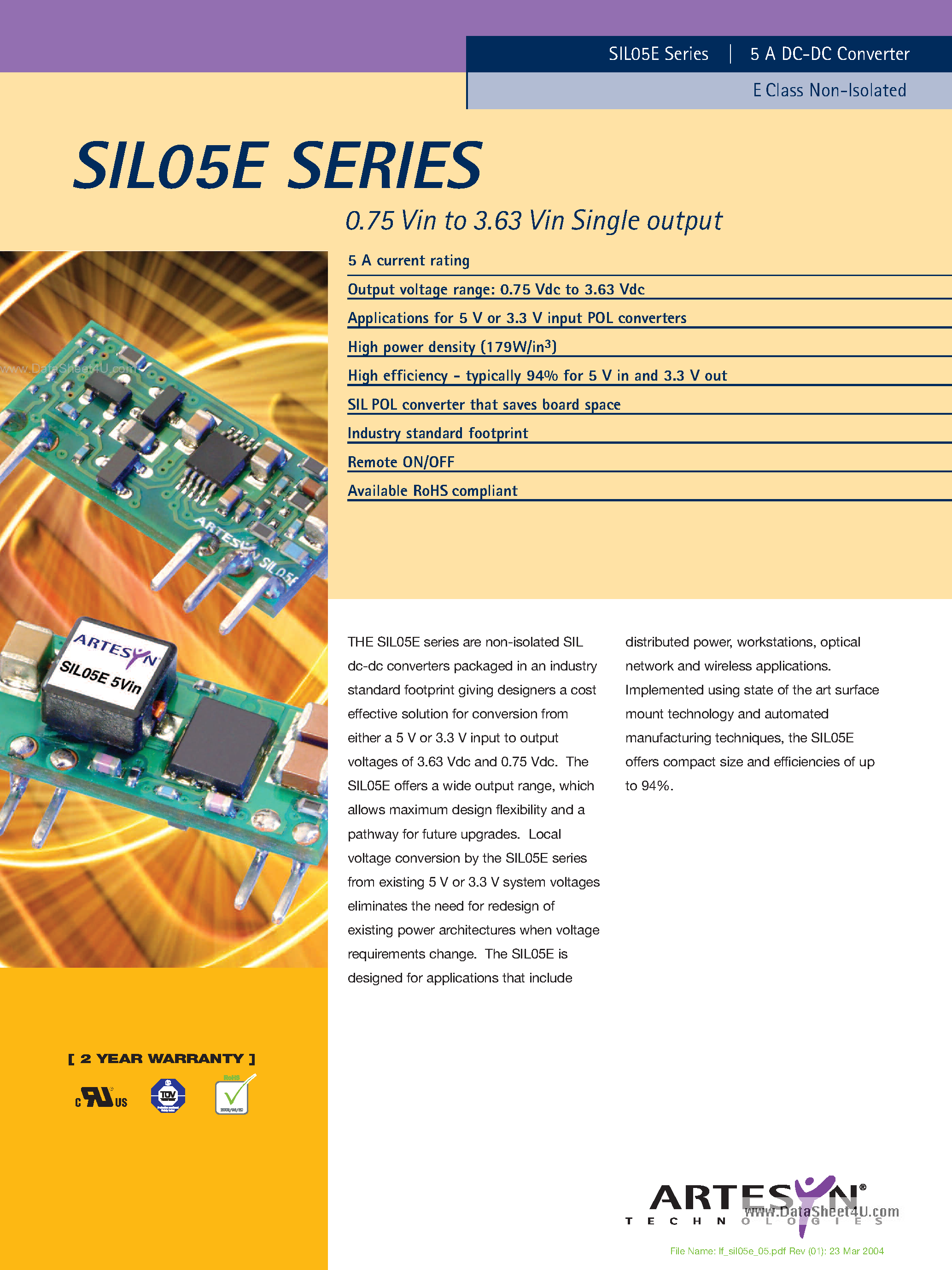 Datasheet SIL05E - 0.75 Vin to 3.63 Vin Single output page 1