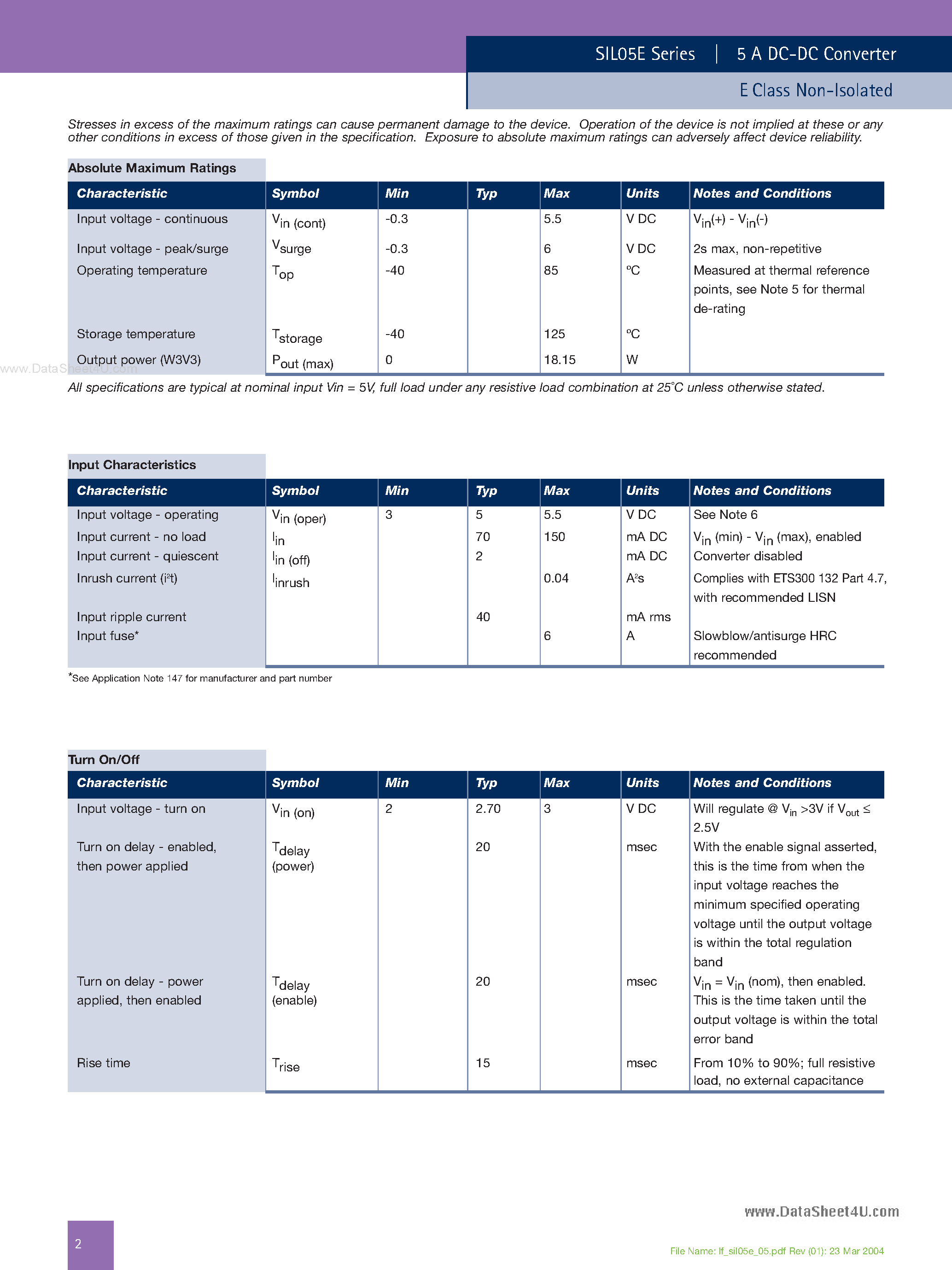 Datasheet SIL05E - 0.75 Vin to 3.63 Vin Single output page 2