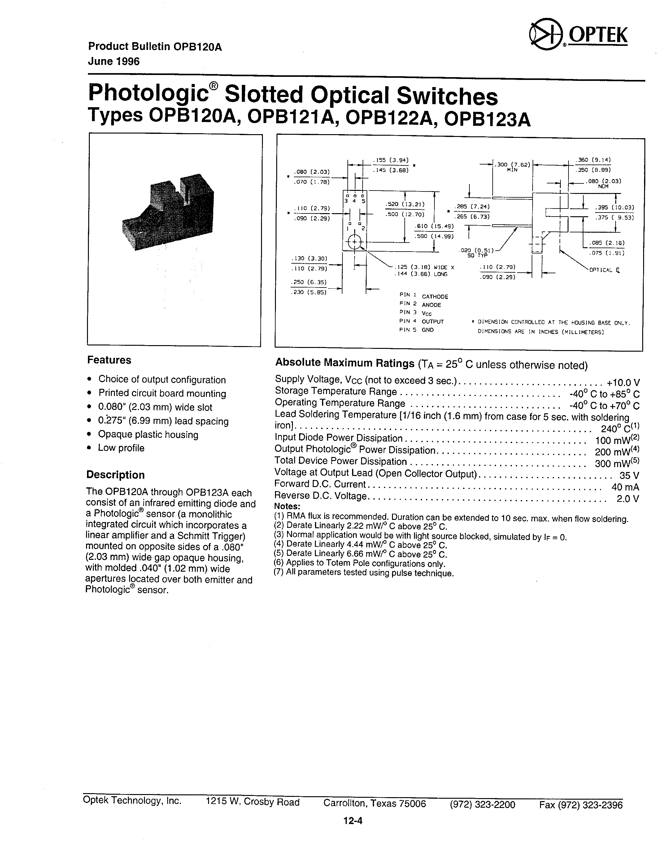 Даташит OPB120A - (OPB120A - OPB123A) PHOTOLOGIC SLOTTED OPTICAL SWITCHES страница 1