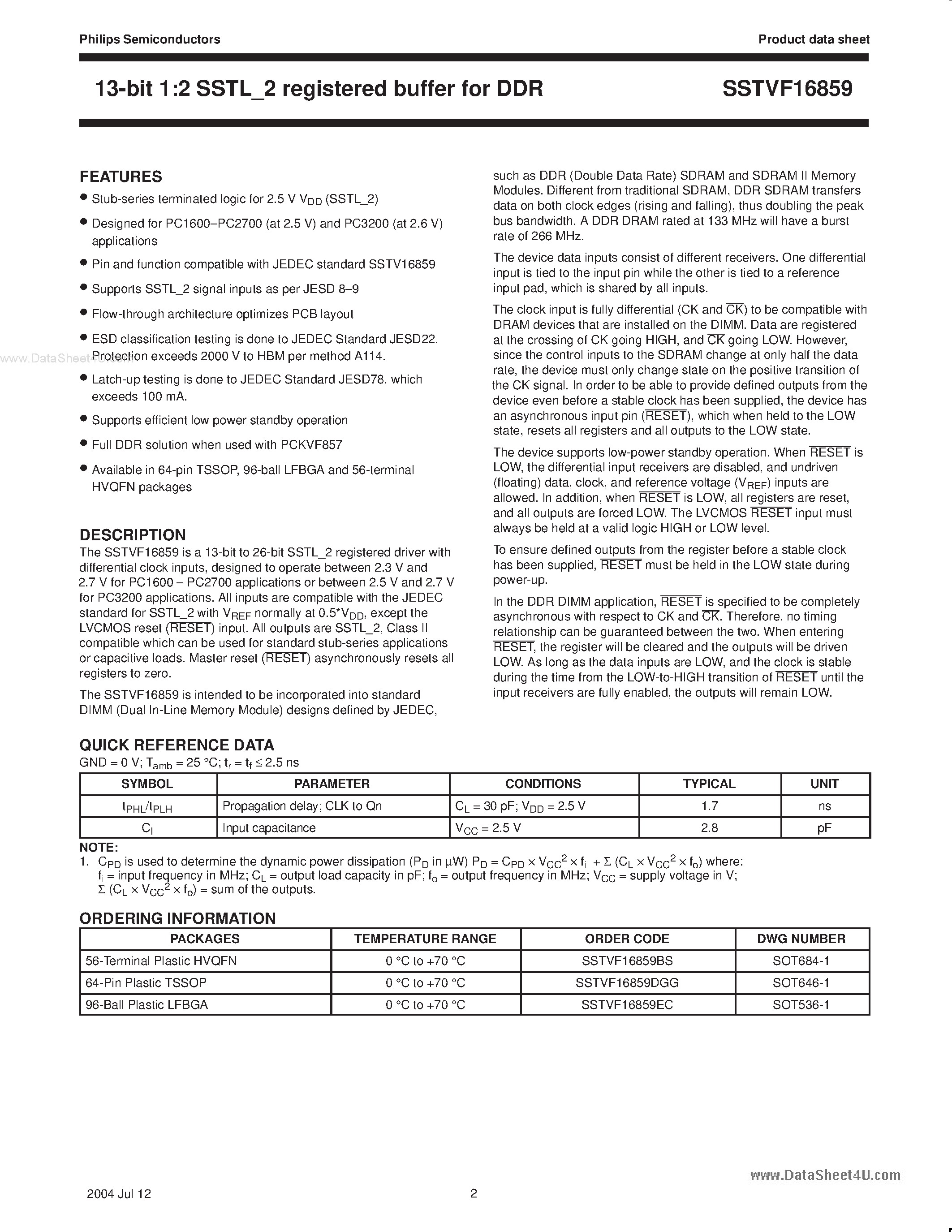Datasheet SSTVF16859 - 13-bit 1:2 SSTL_2 registered buffer page 2