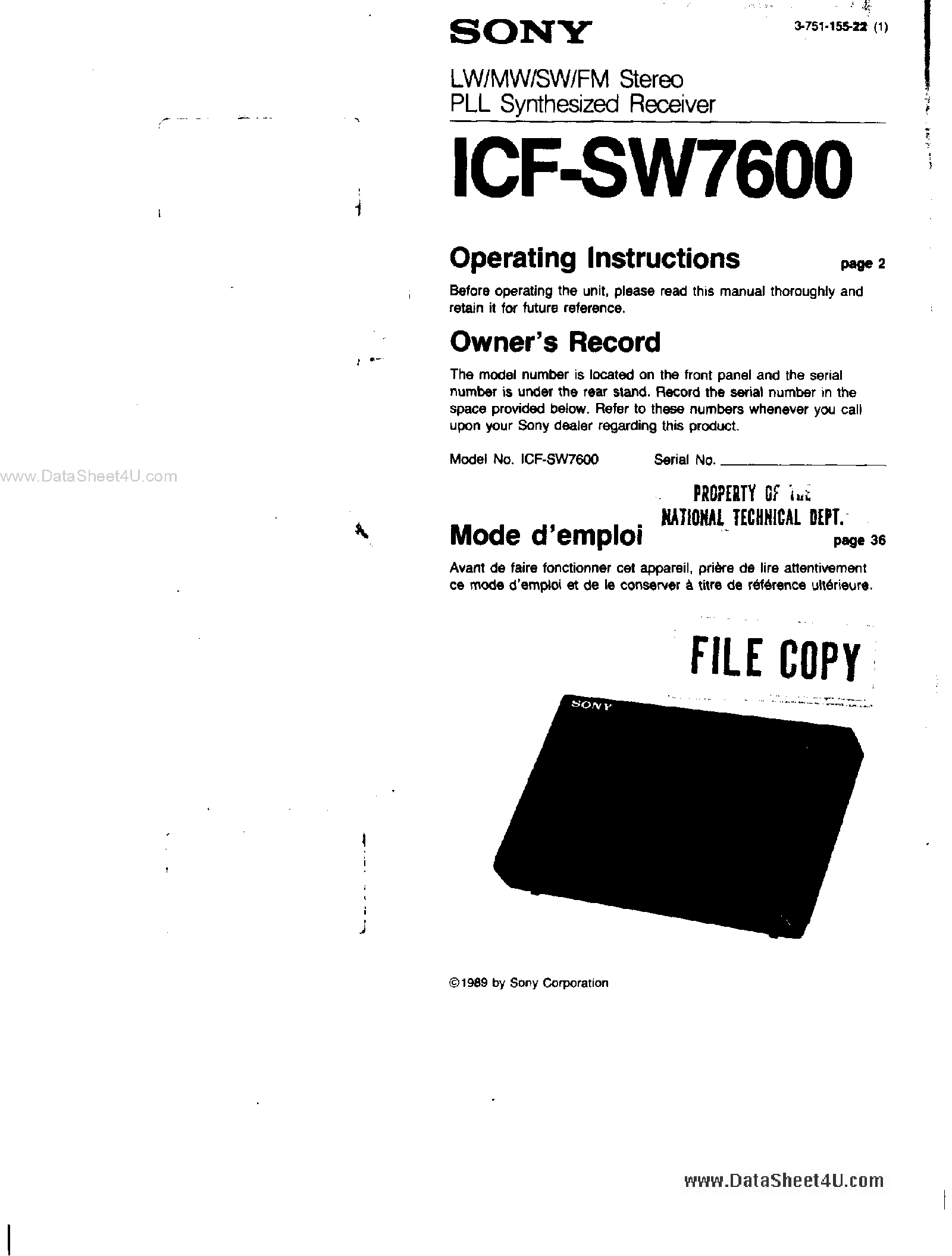 Даташит ICF-SW7600 - LW/MW/SW/FM Stereo PLL Synthesized Receiver страница 1