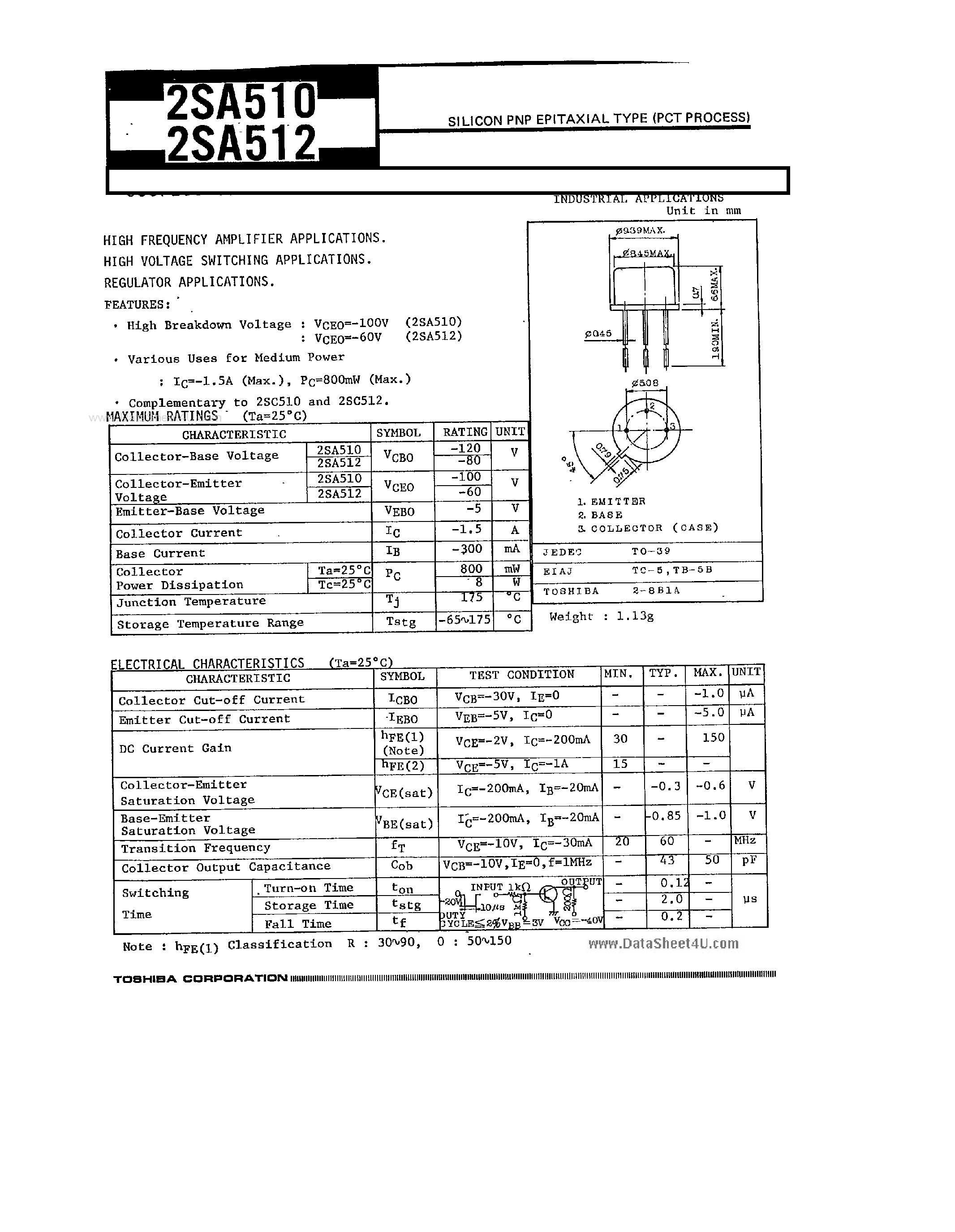 Даташит на микросхему 2SA510 страница 1 Даташит 2SA510 - (2SA510 / 2SA512) SILICON PNP EPITAXIAL TYPE страница 1