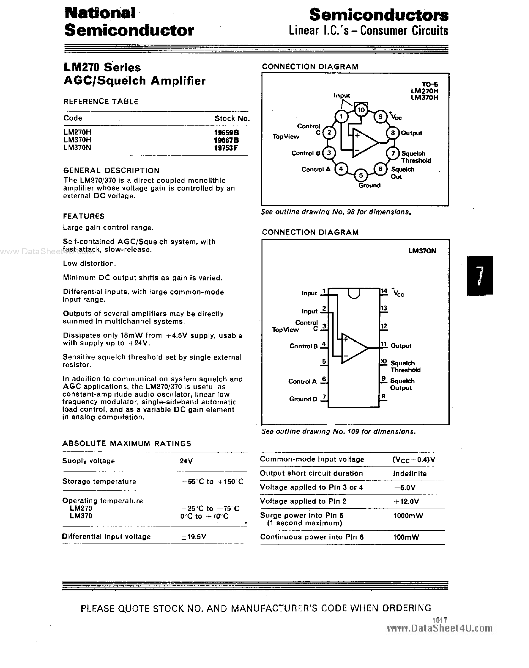 Datasheet LM370H - AGC / Squelch Amplifier page 1