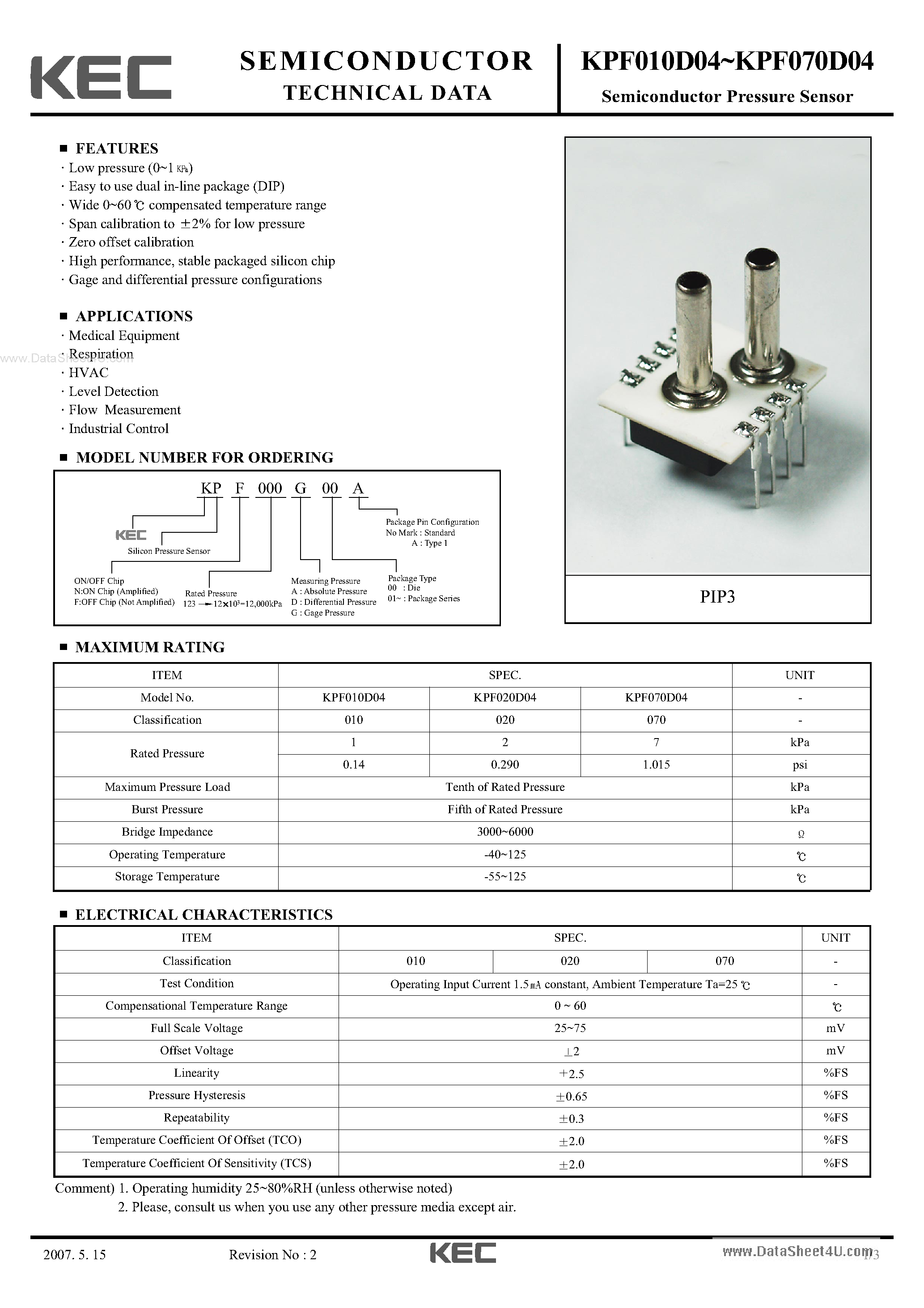 Datasheet KPN010D04 - (KPN010D04 - KPN070D04) Semiconductor Pressure Sensor page 1