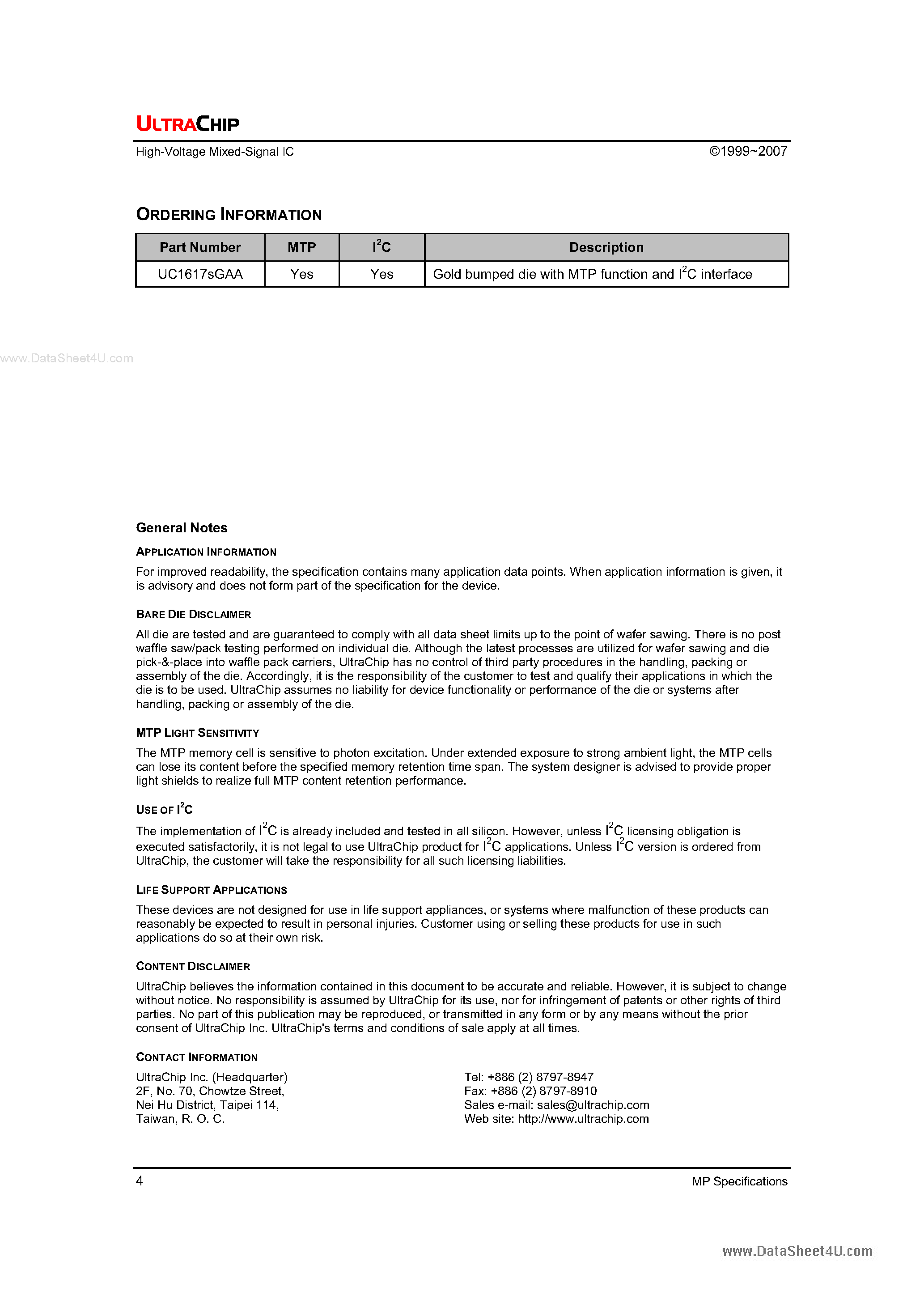 Datasheet UC1617S - 128 X 128 STN Controller Driver page 2