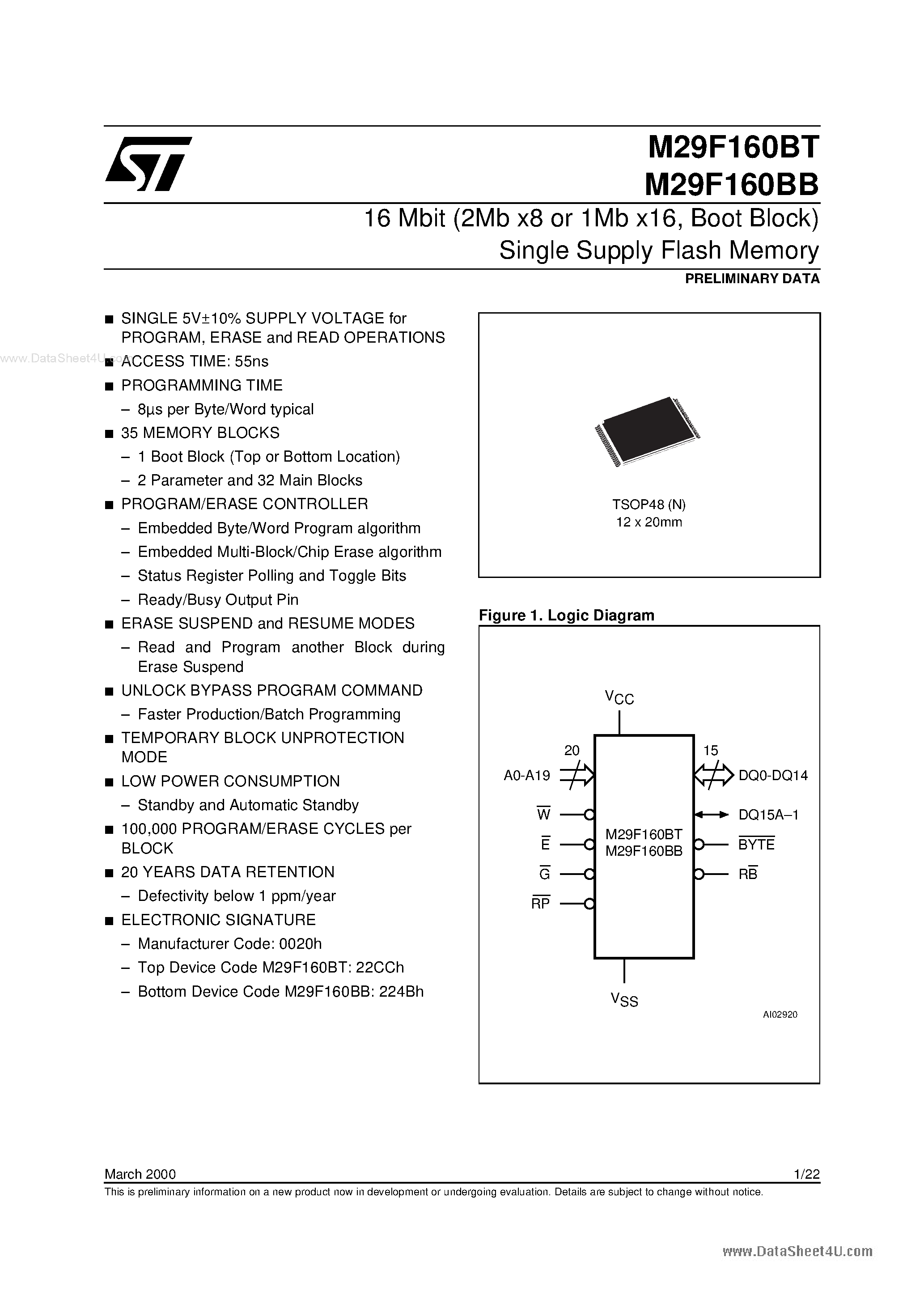 Datasheet 29F160BB page 1 Datasheet 29F160BB - Boot Block Single Supply Flash Memory page 1